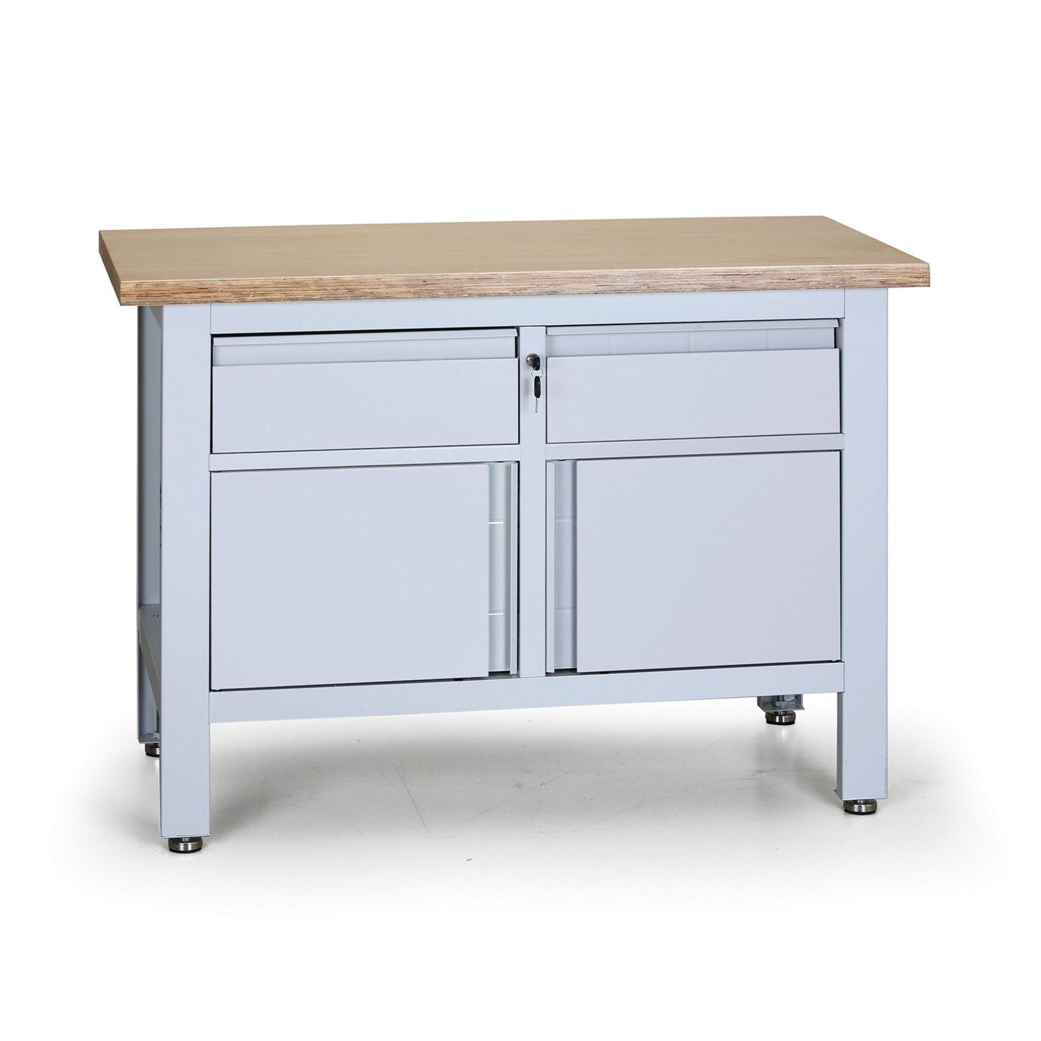 Pracovní stůl do dílny G6, 2 zásuvky, 2 skříňky, 1200 x 600 x 860 - 900 mm, šedá