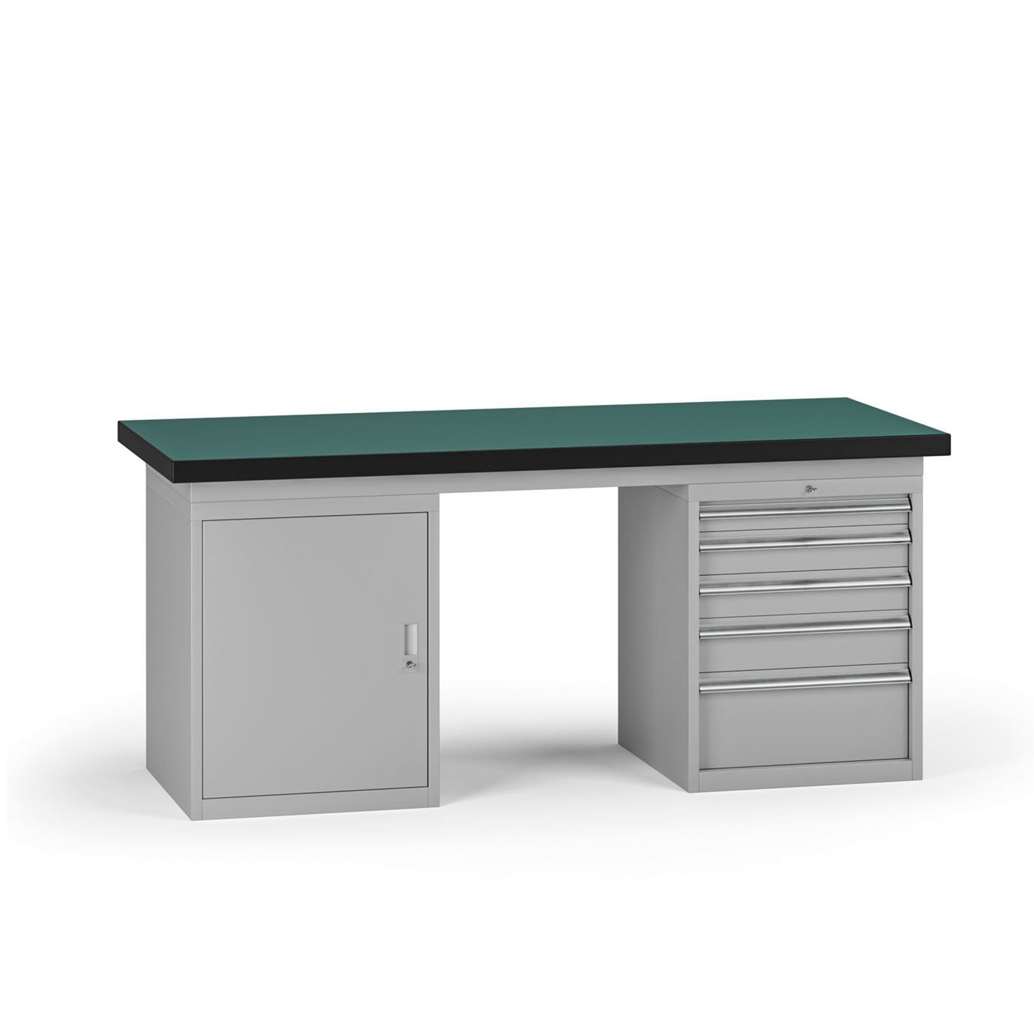 Pracovní stůl do dílny G8, 1800 x 750 x 800 mm, 1x skříňka, 1x kontejner, 5 zásuvek, šedá