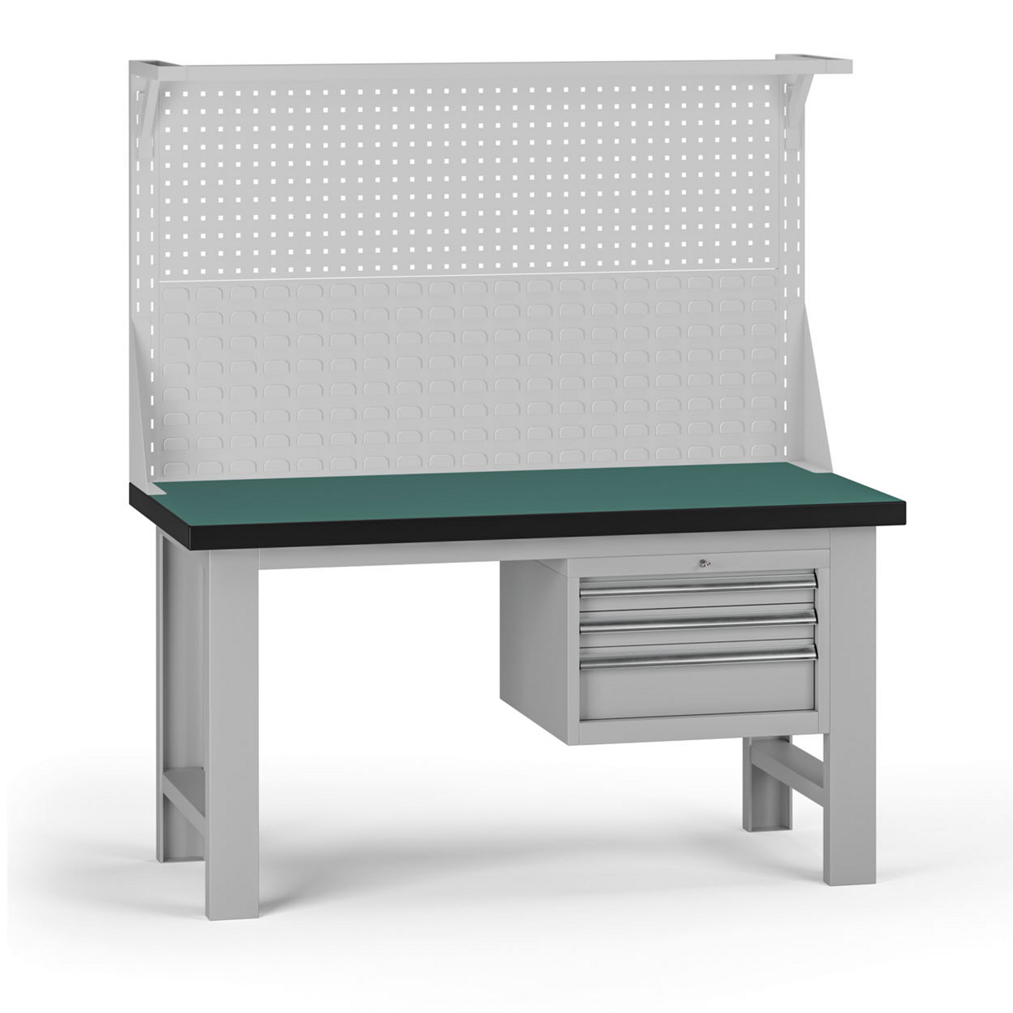 Pracovní stůl do dílny G8 s nástavbou, 1500 x 750 x 800 mm, 1x kontejner, 3 zásuvky, šedá