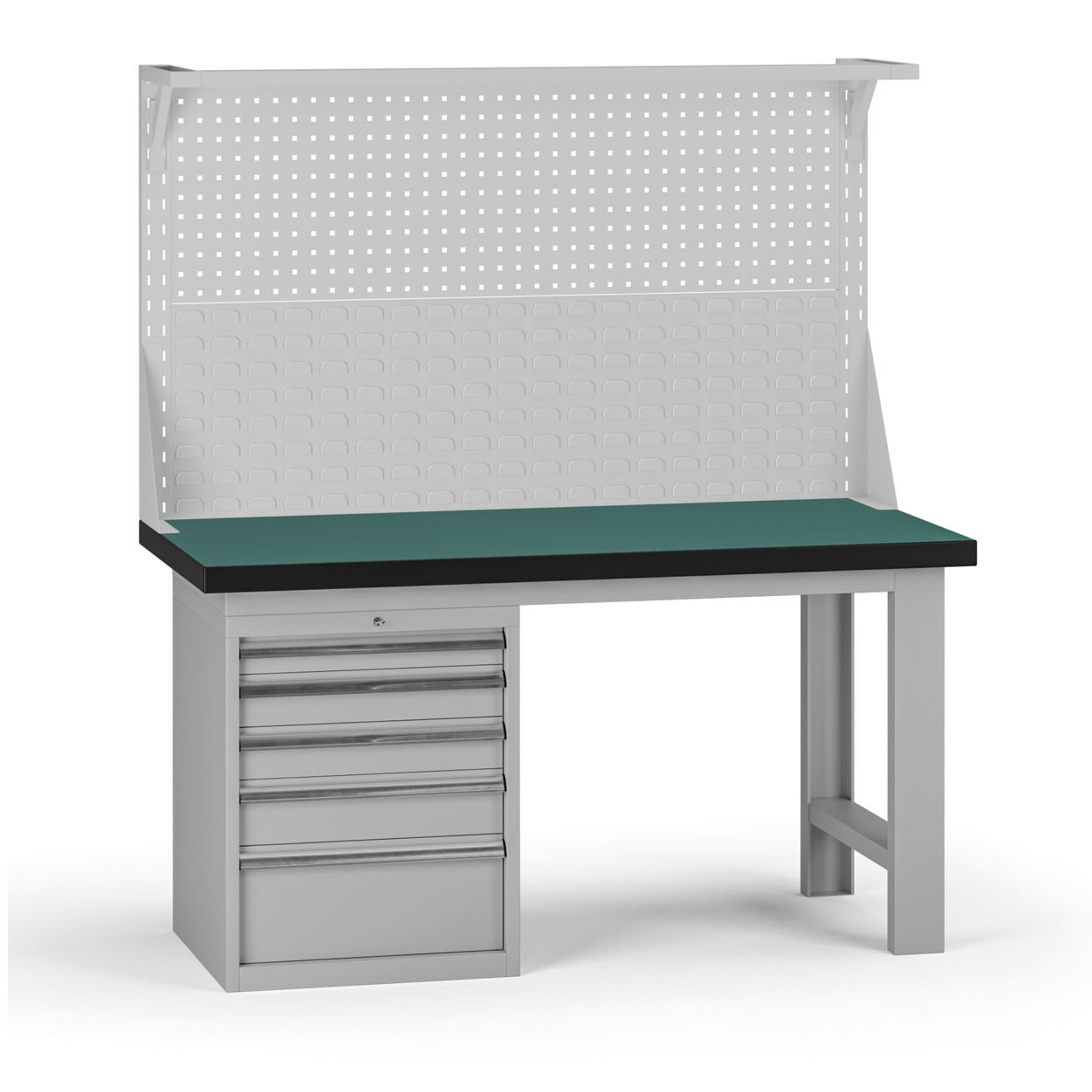 Pracovní stůl do dílny G8 s nástavbou, 1500 x 750 x 800 mm, 1x kontejner, 5 zásuvek, šedá