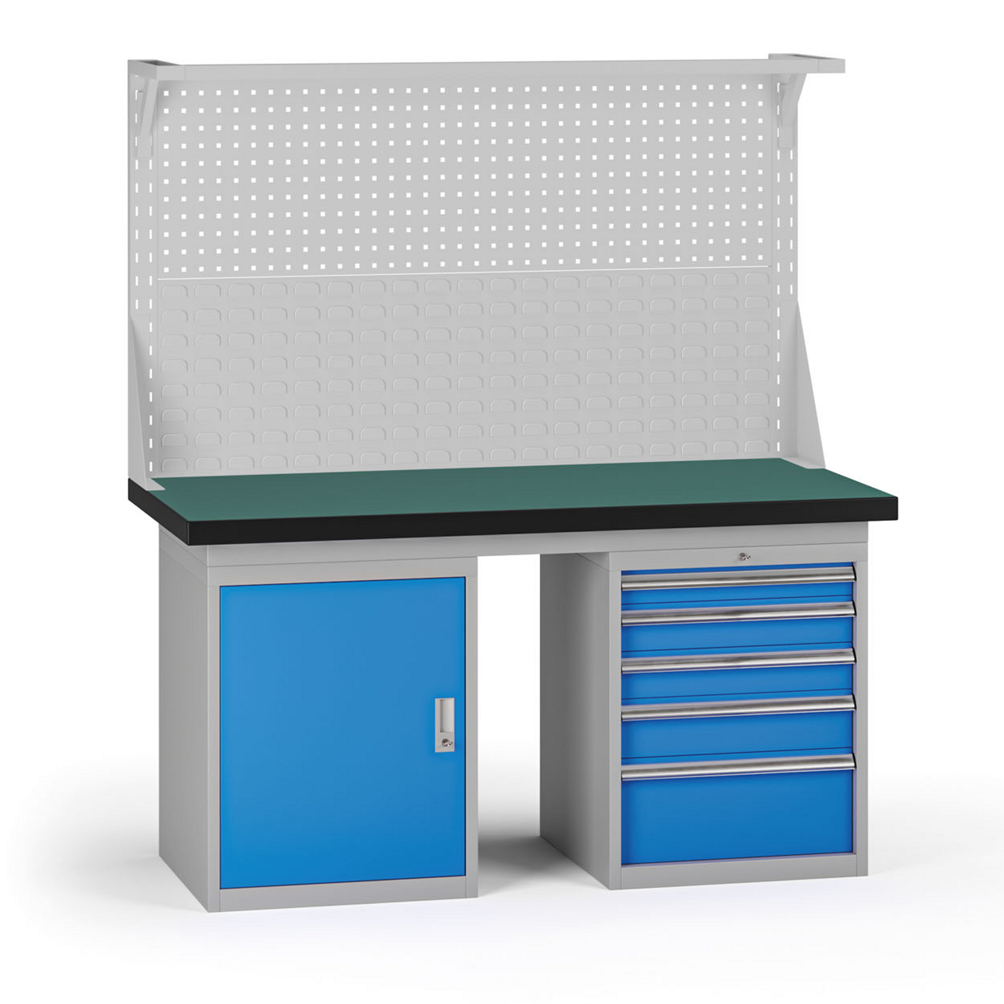 Pracovní stůl do dílny G8 s nástavbou, 1500 x 750 x 800 mm, 1x skříňka, 1x kontejner, 5 zásuvek