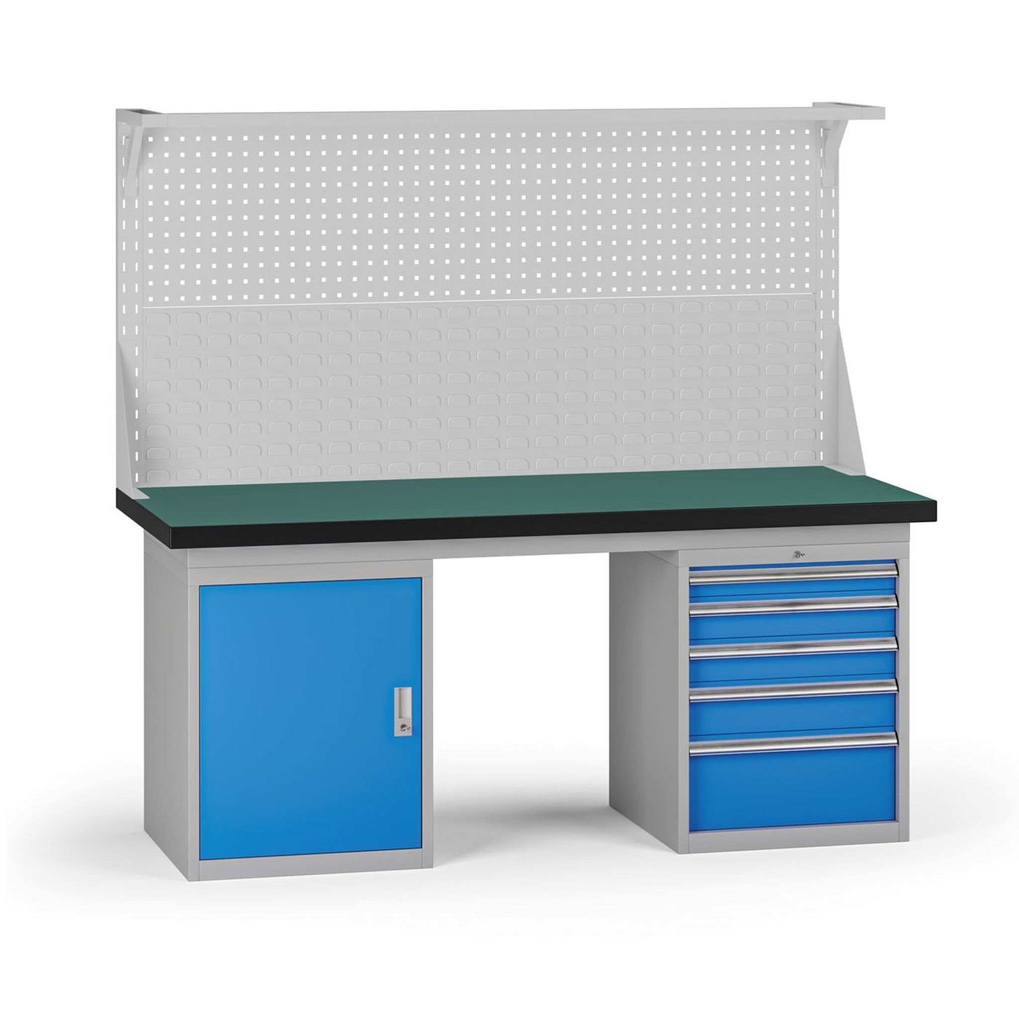 Pracovní stůl do dílny G8 s nástavbou, 1800 x 750 x 800 mm, 1x skříňka, 1x kontejner, 5 zásuvek