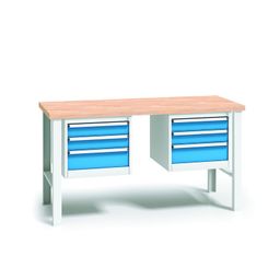 Pracovní stůl do dílny WL se 2 závěsnými boxy na nářadí, buková spárovka, 6 zásuvek, pevné kovové nohy, 1700 mm