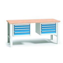 Pracovní stůl do dílny WL se 2 závěsnými boxy na nářadí, buková spárovka, 8 zásuvek, pevné kovové nohy, 1700 mm