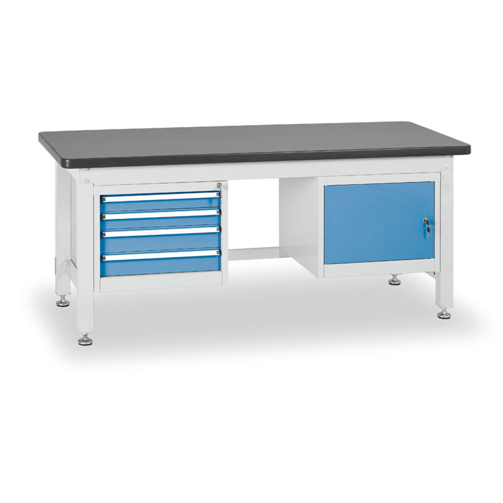 Pracovný stôl do dielne BL so závesným boxom a skrinkou na náradie, MDF + PVC doska, 4 zásuvky, 1 skrinka, 1800 x 750 x 800 mm