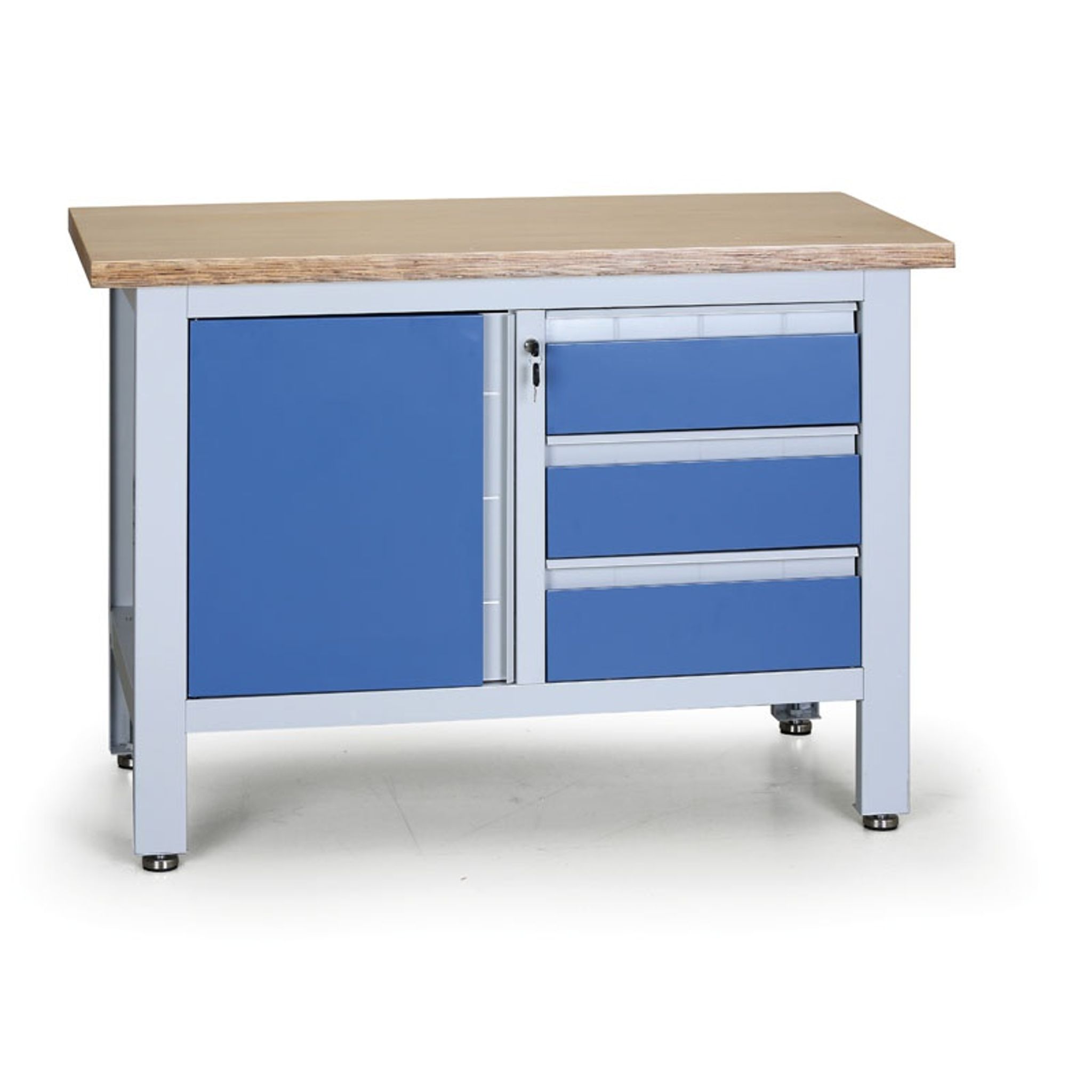 Pracovný stôl do dielne EXPERT, 3 zásuvky, 1 skrinka, 1200 x 600 x 860 - 900 mm, modrá