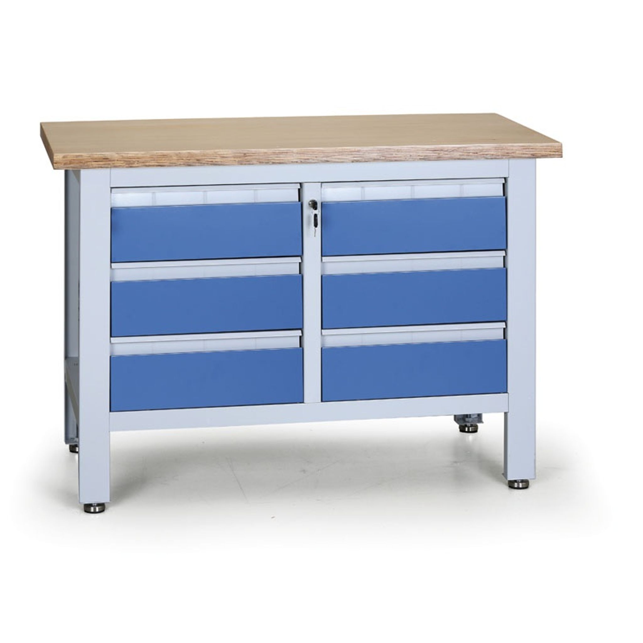 Pracovný stôl do dielne EXPERT, 6 zásuviek, 1200 x 600 x 860 - 900 mm, modrá