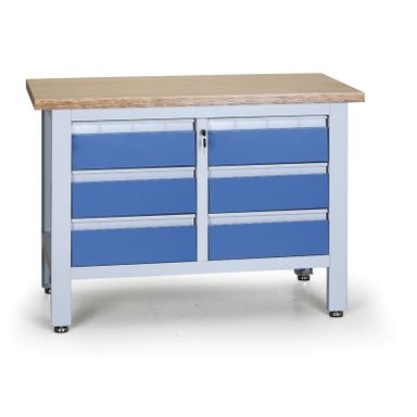 Pracovný stôl do dielne EXPERT, 6 zásuviek, 1200 x 600 x 860 - 900 mm, modrá