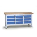 Pracovný stôl do dielne EXPERT, 9 zásuviek, 1690 x 600 x 860 - 900 mm, modrá