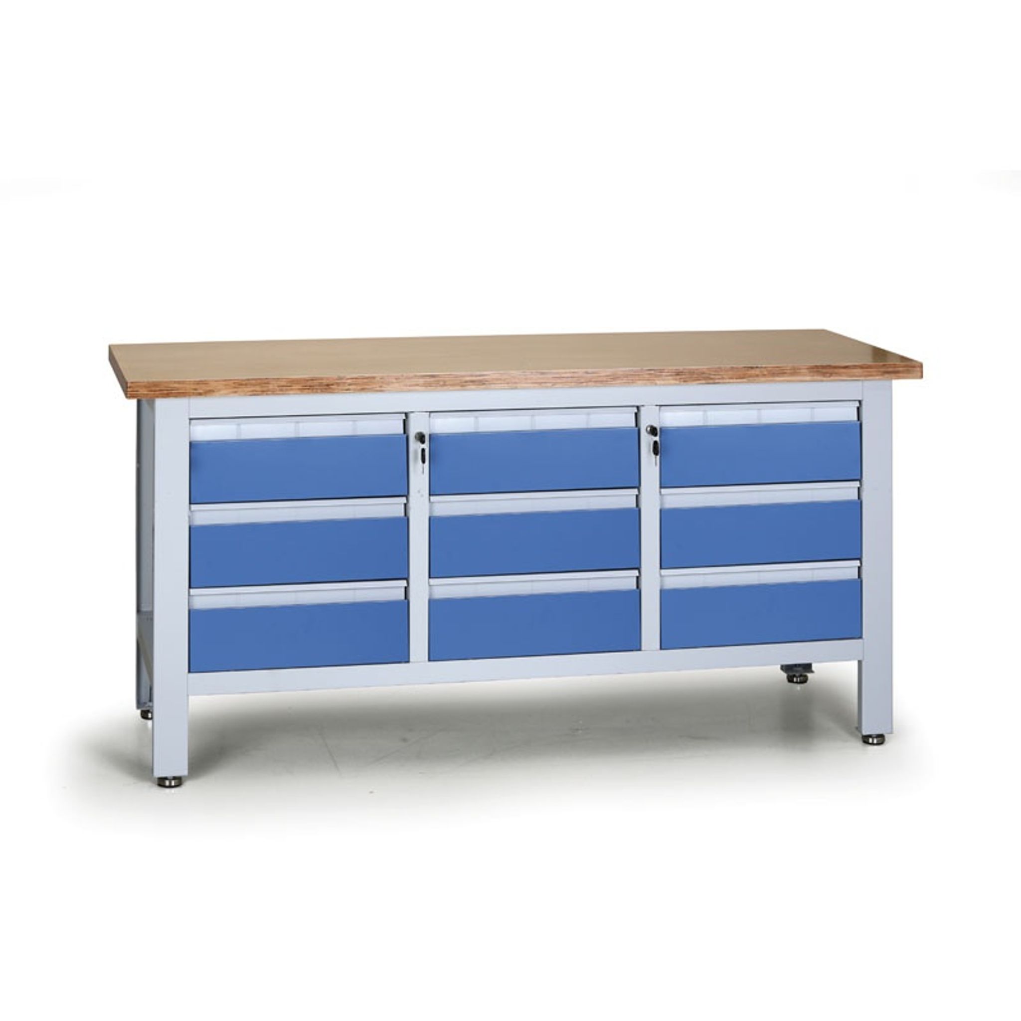 Pracovný stôl do dielne EXPERT, 9 zásuviek, 1690 x 600 x 860 - 900 mm, modrá