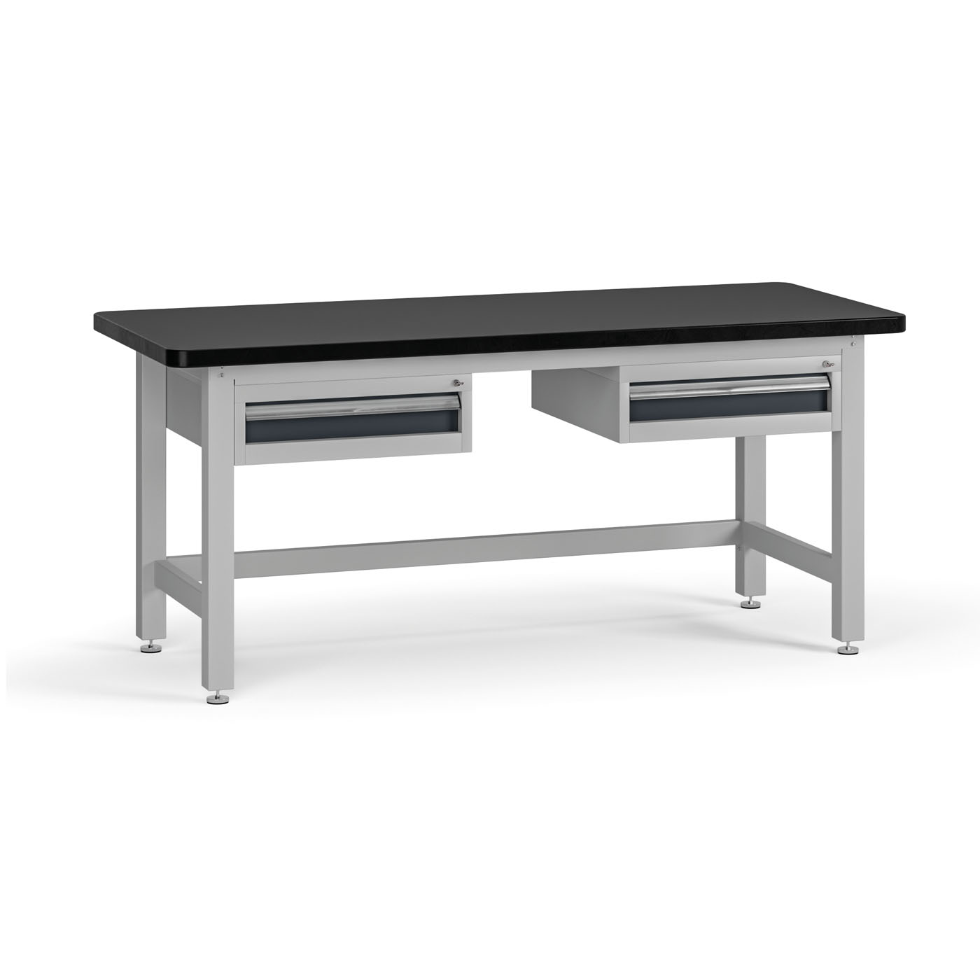 Fotografia produktu: Pracovný stôl do dielne G4 s 2 závesnými boxami na náradie, MDF + PVC doska, 2 zásuvky, 1800 x 750 x 800 mm, grafit