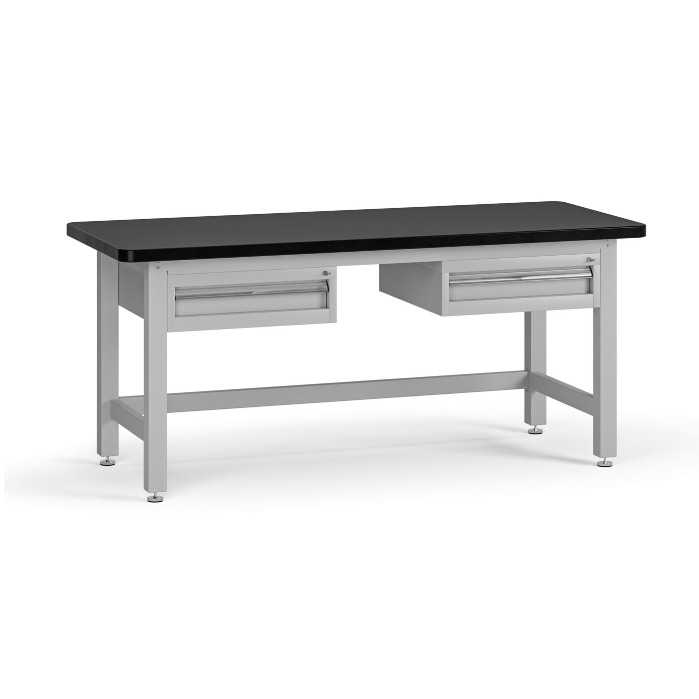 Fotografia produktu: Pracovný stôl do dielne G4 s 2 závesnými boxami na náradie, MDF + PVC doska, 2 zásuvky, 1800 x 750 x 800 mm, sivá