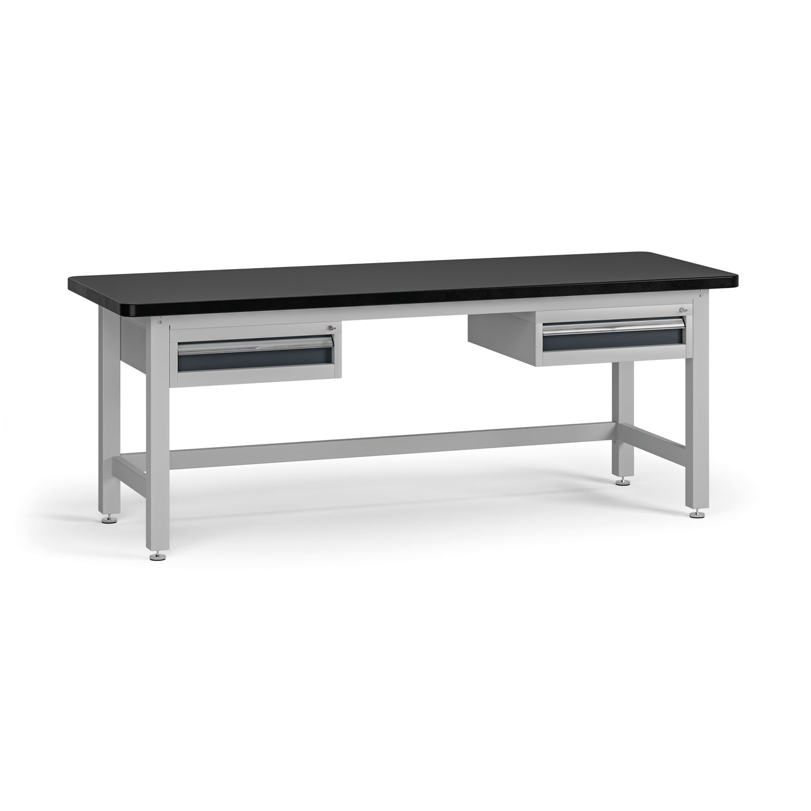 Fotografia produktu: Pracovný stôl do dielne G4 s 2 závesnými boxami na náradie, MDF + PVC doska, 2 zásuvky, 2100 x 750 x 800 mm, grafit