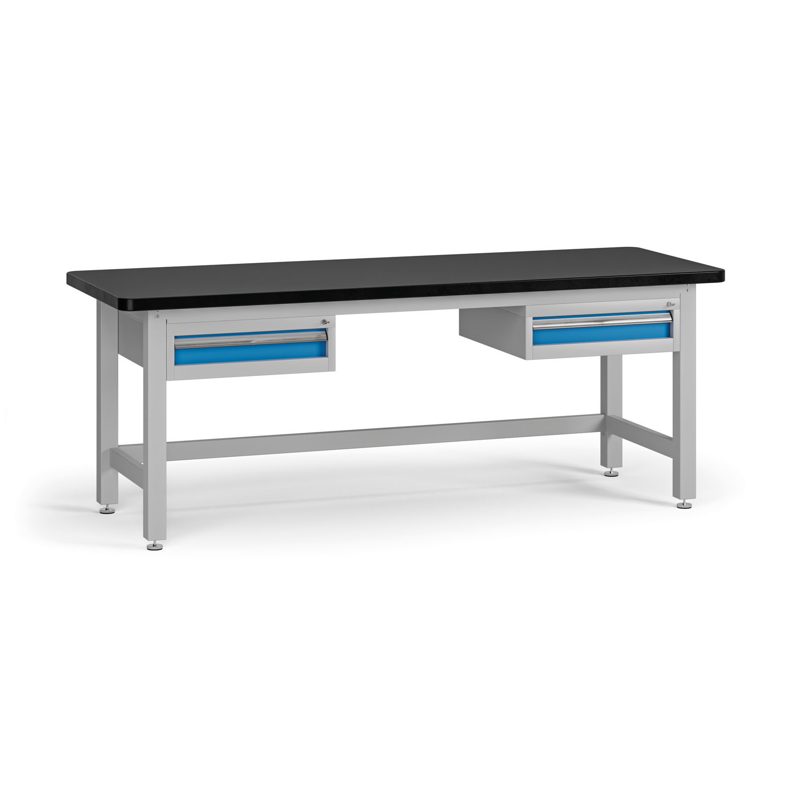 Fotografia produktu: Pracovný stôl do dielne G4 s 2 závesnými boxami na náradie, MDF + PVC doska, 2 zásuvky, 2100 x 750 x 800 mm, modrá