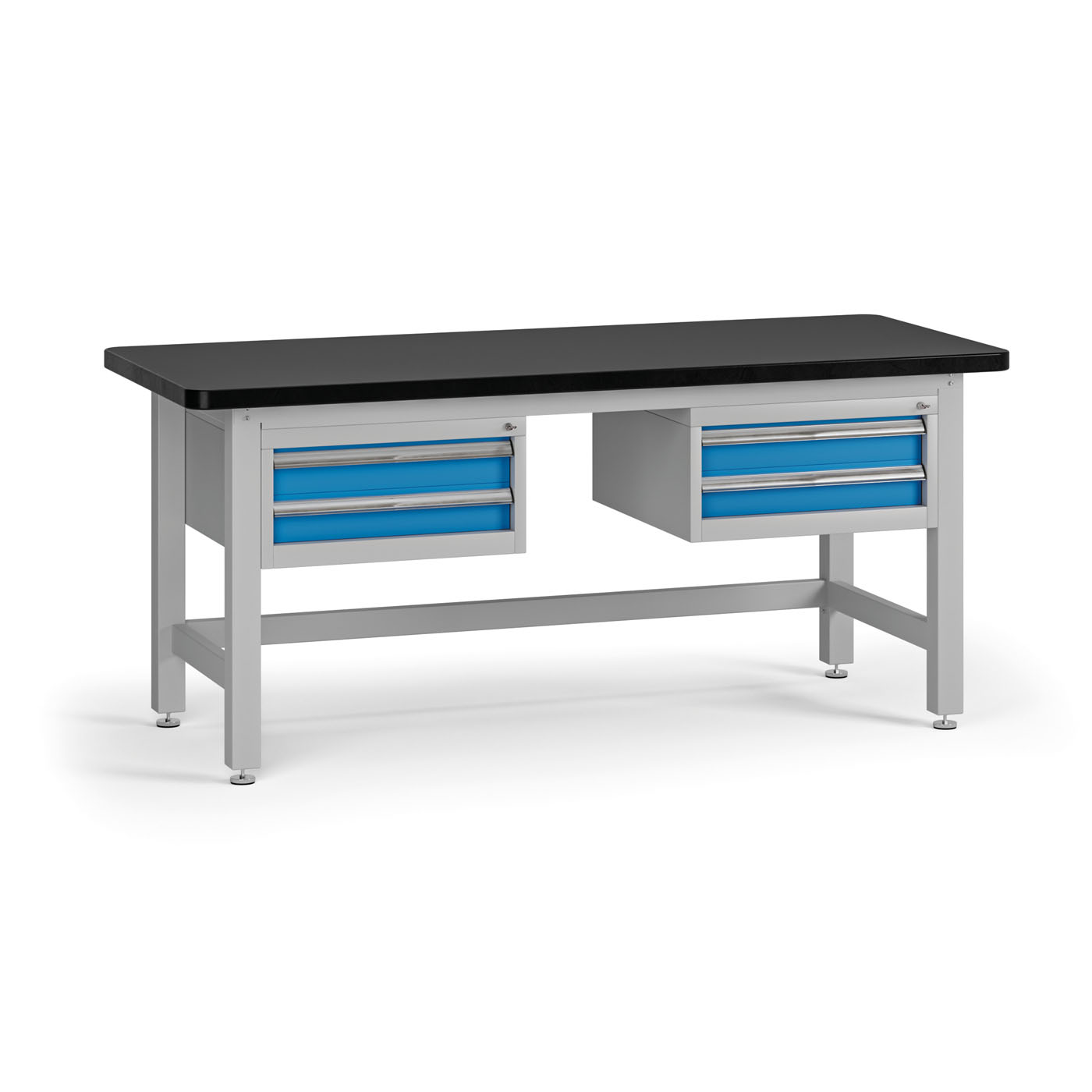 Fotografia produktu: Pracovný stôl do dielne G4 s 2 závesnými boxami na náradie, MDF + PVC doska, 4 zásuvky, 1800 x 750 x 800 mm, modrá