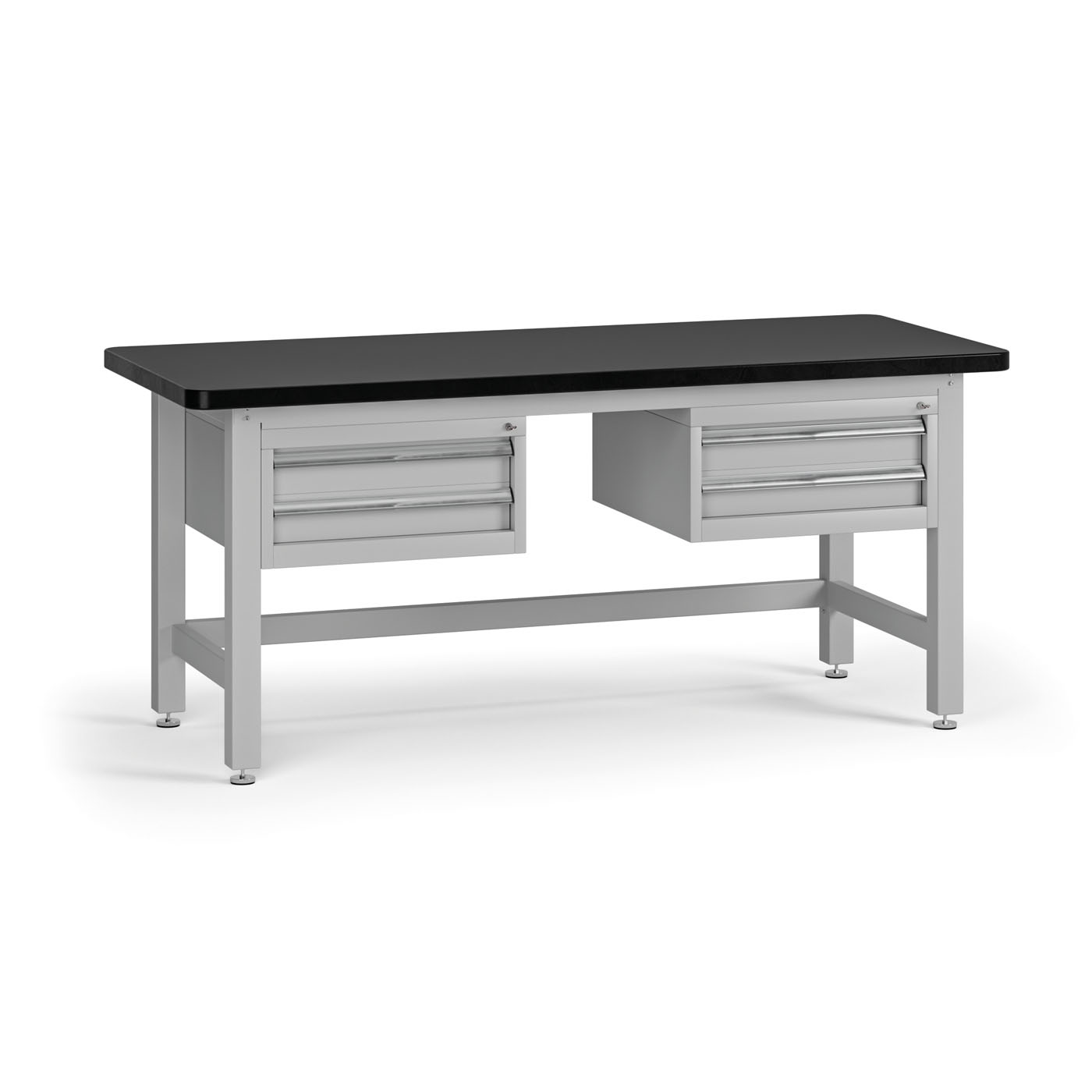 Fotografia produktu: Pracovný stôl do dielne G4 s 2 závesnými boxami na náradie, MDF + PVC doska, 4 zásuvky, 1800 x 750 x 800 mm, sivá