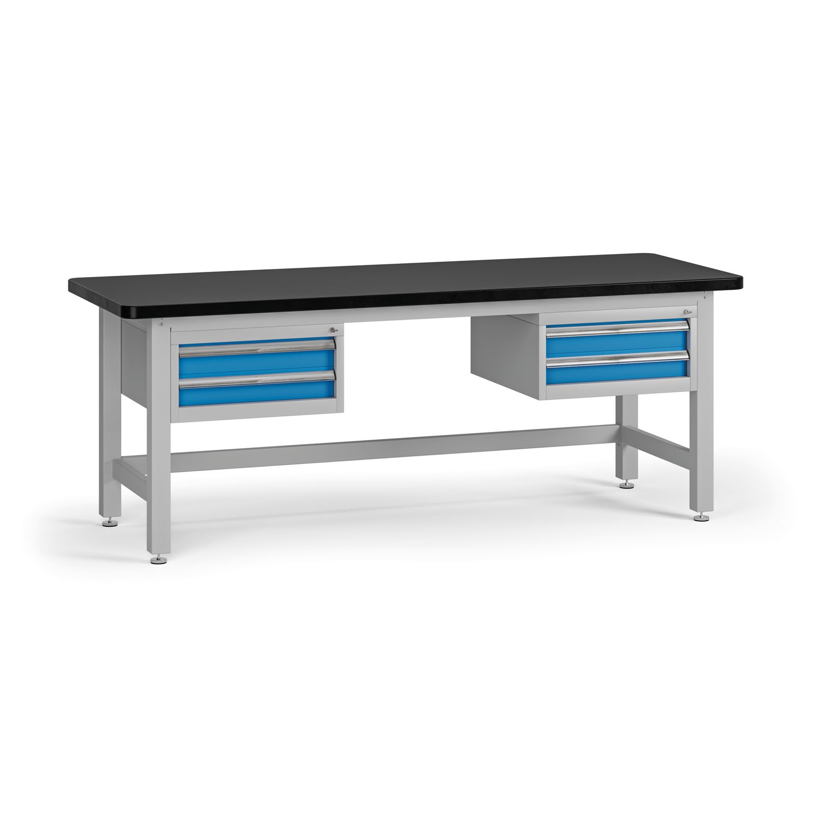 Fotografia produktu: Pracovný stôl do dielne G4 s 2 závesnými boxami na náradie, MDF + PVC doska, 4 zásuvky, 2100 x 750 x 800 mm, modrá
