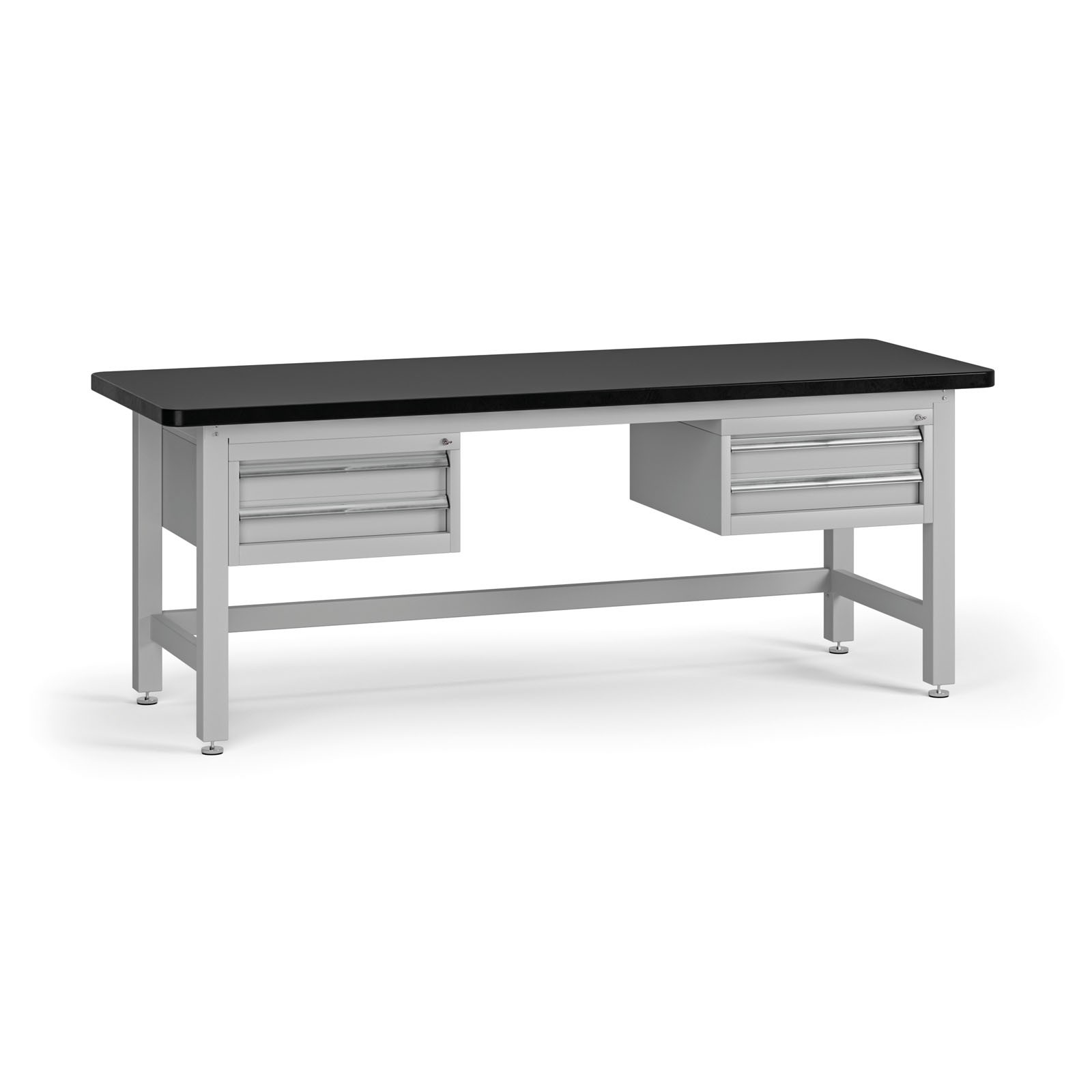 Fotografia produktu: Pracovný stôl do dielne G4 s 2 závesnými boxami na náradie, MDF + PVC doska, 4 zásuvky, 2100 x 750 x 800 mm, sivá