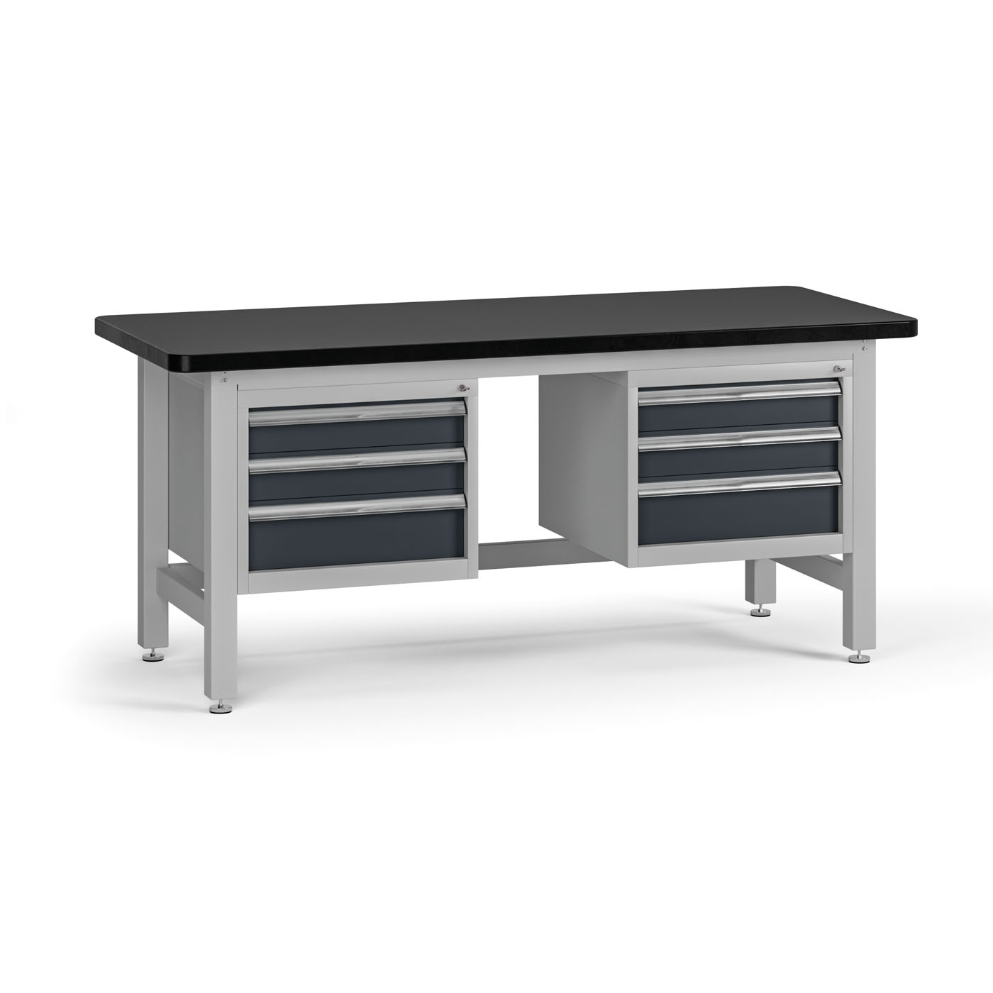 Fotografia produktu: Pracovný stôl do dielne G4 s 2 závesnými boxami na náradie, MDF + PVC doska, 6 zásuviek, 1800 x 750 x 800 mm, grafit