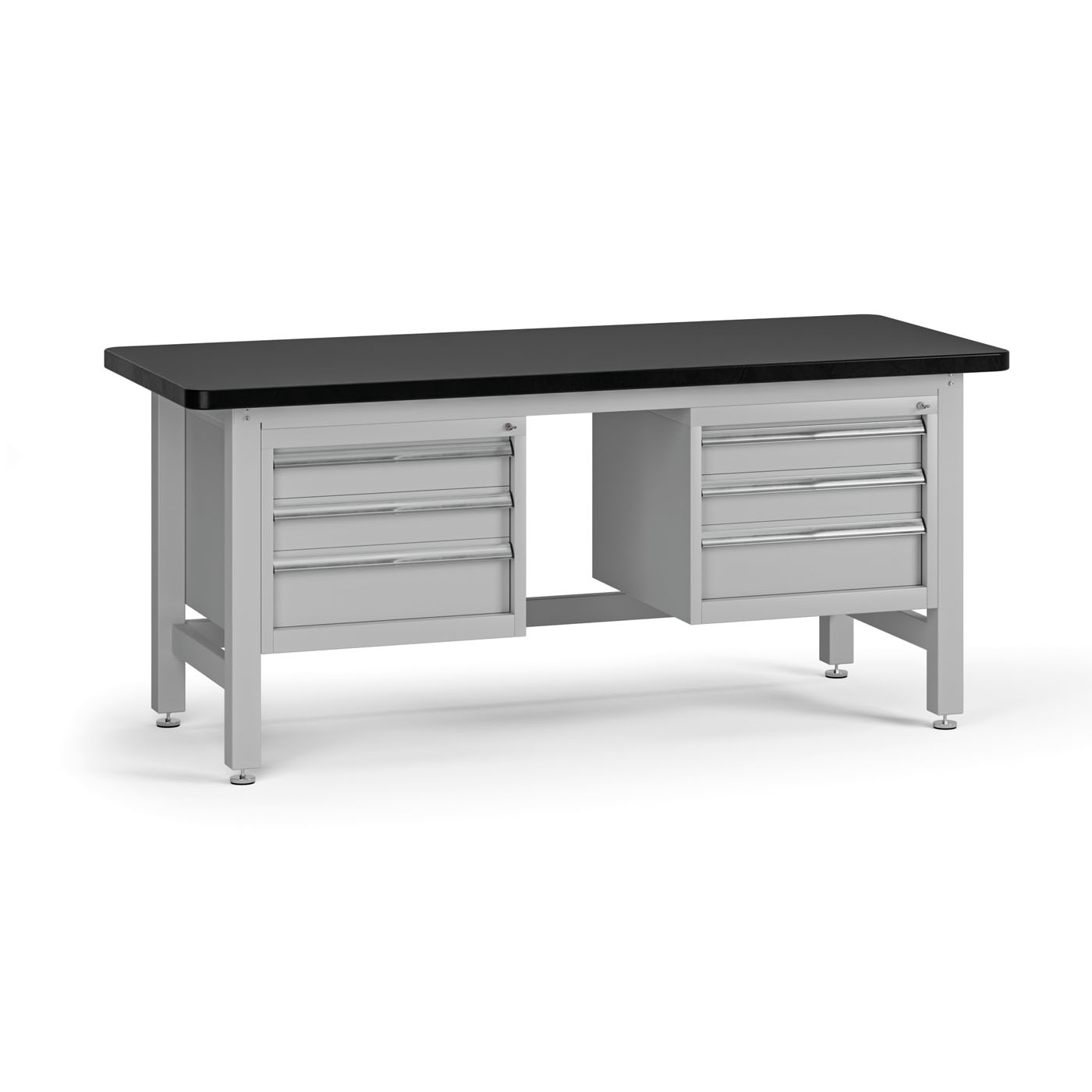 Fotografia produktu: Pracovný stôl do dielne G4 s 2 závesnými boxami na náradie, MDF + PVC doska, 6 zásuviek, 1800 x 750 x 800 mm, sivá