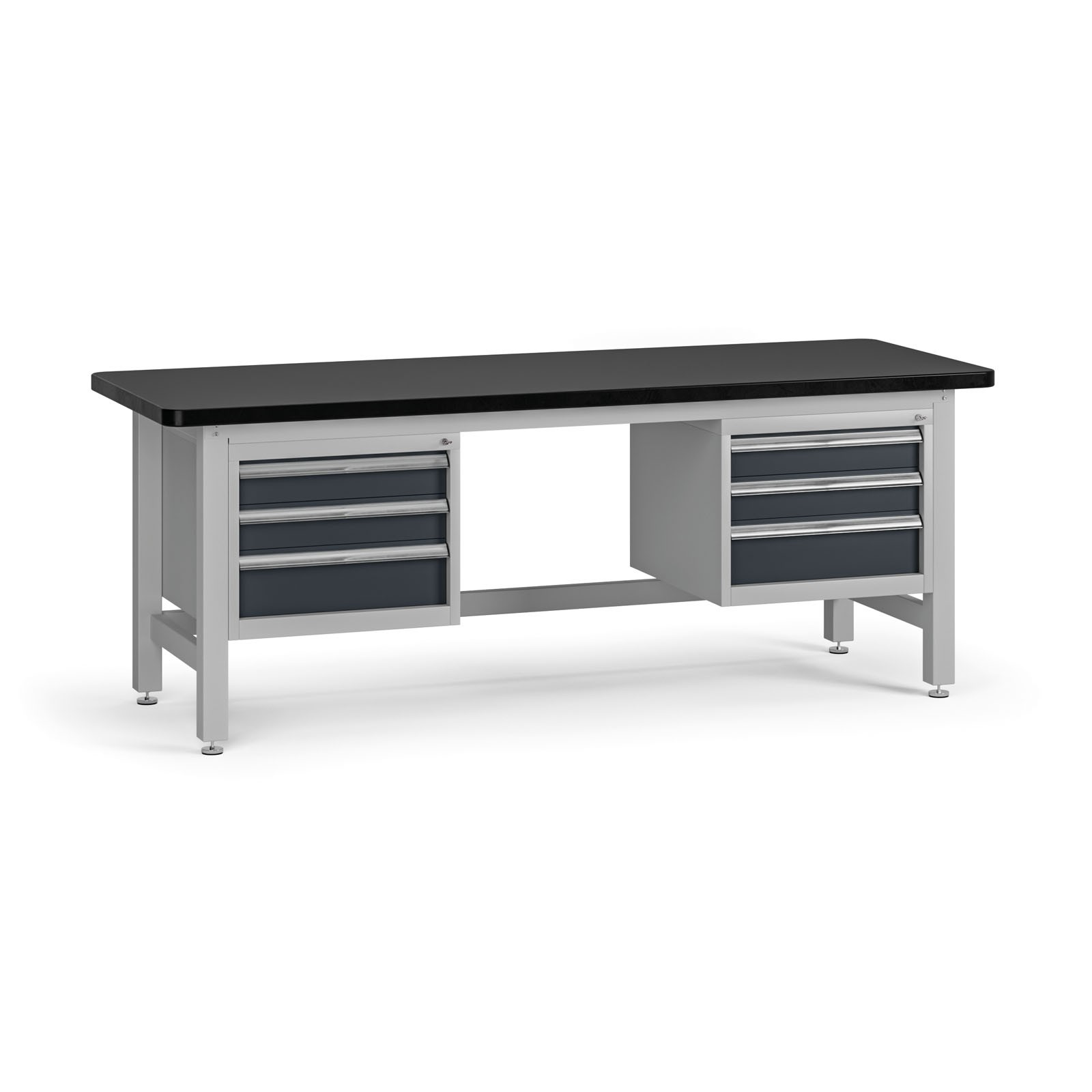 Fotografia produktu: Pracovný stôl do dielne G4 s 2 závesnými boxami na náradie, MDF + PVC doska, 6 zásuviek, 2100 x 750 x 800 mm, grafit