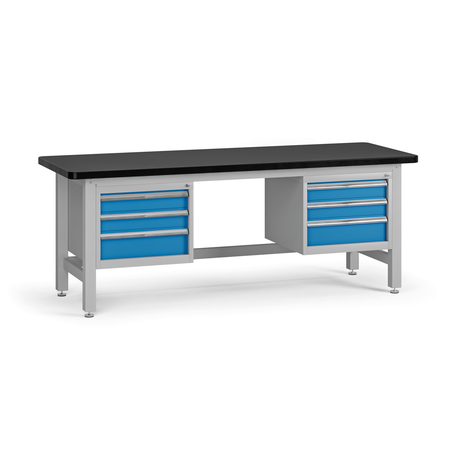 Fotografia produktu: Pracovný stôl do dielne G4 s 2 závesnými boxami na náradie, MDF + PVC doska, 6 zásuviek, 2100 x 750 x 800 mm, modrá