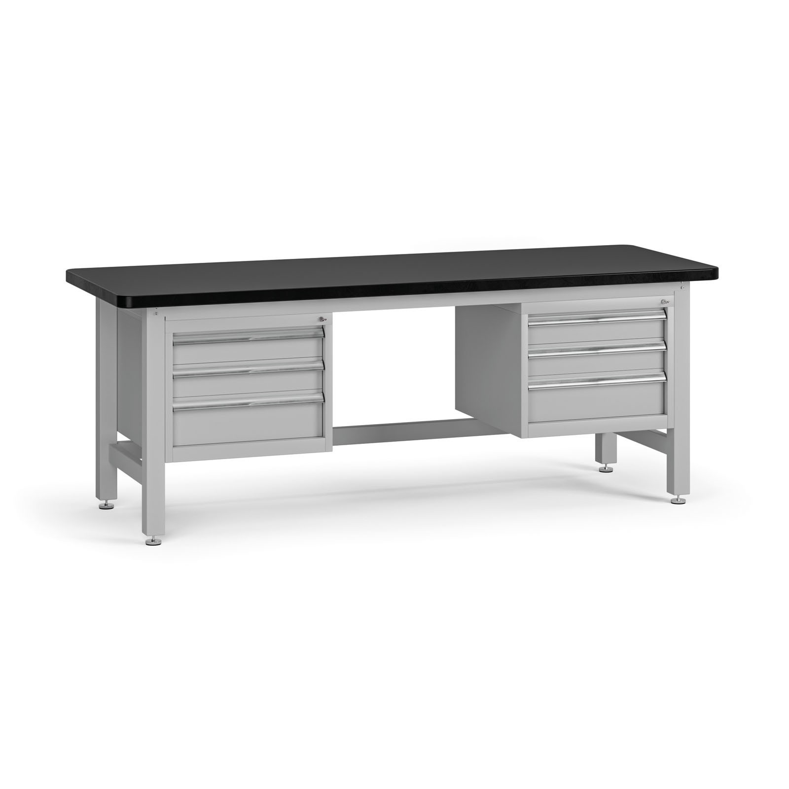 Fotografia produktu: Pracovný stôl do dielne G4 s 2 závesnými boxami na náradie, MDF + PVC doska, 6 zásuviek, 2100 x 750 x 800 mm, sivá