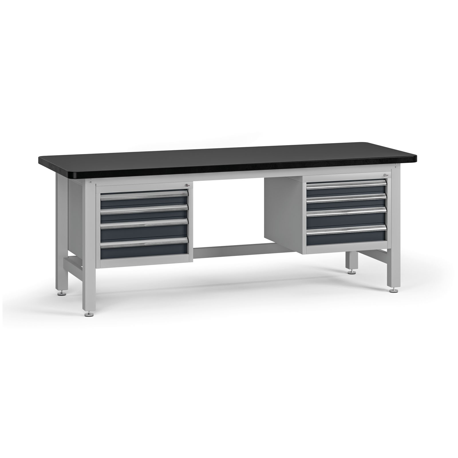 Fotografia produktu: Pracovný stôl do dielne G4 s 2 závesnými boxami na náradie, MDF + PVC doska, 8 zásuviek, 2100 x 750 x 800 mm, grafit