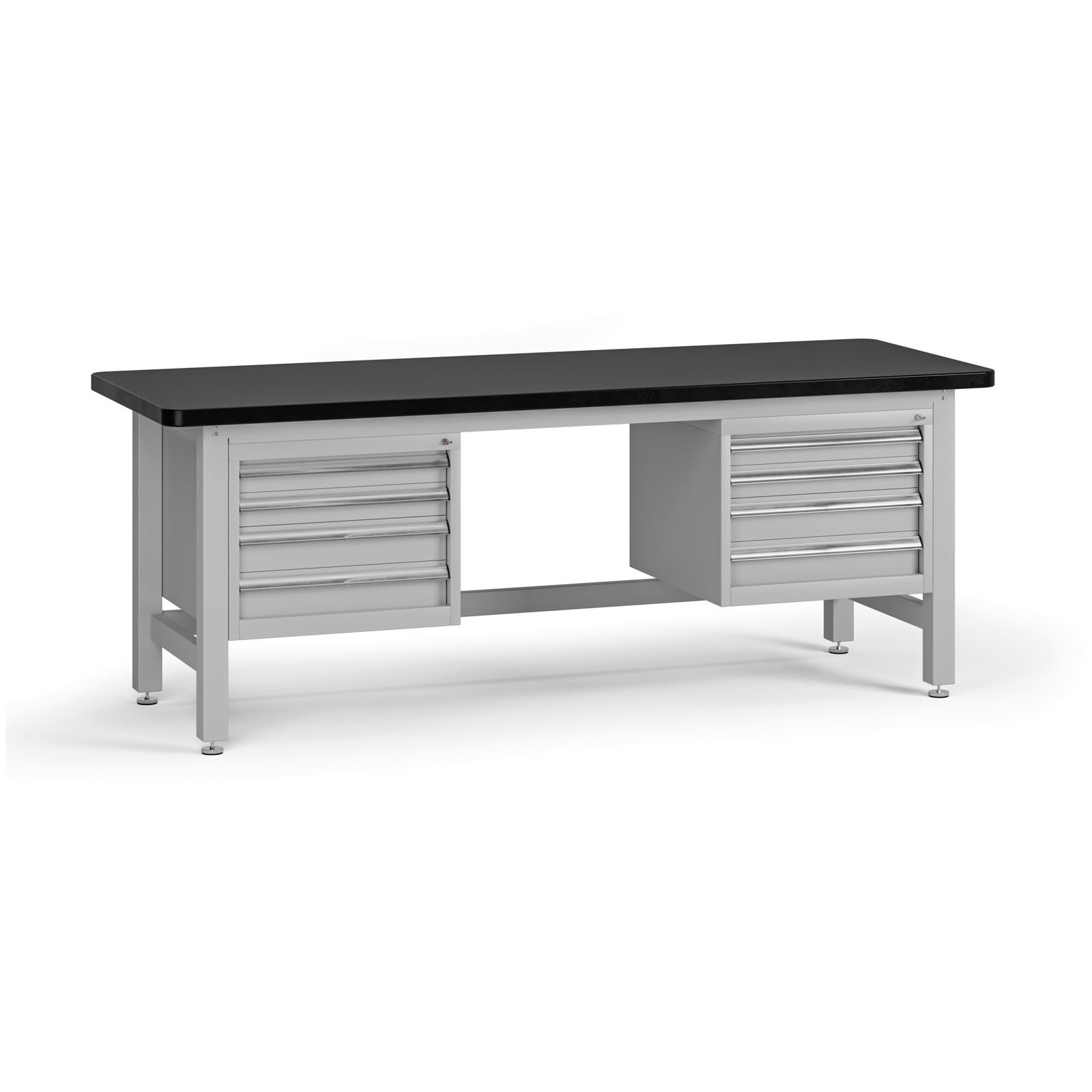 Fotografia produktu: Pracovný stôl do dielne G4 s 2 závesnými boxami na náradie, MDF + PVC doska, 8 zásuviek, 2100 x 750 x 800 mm, sivá