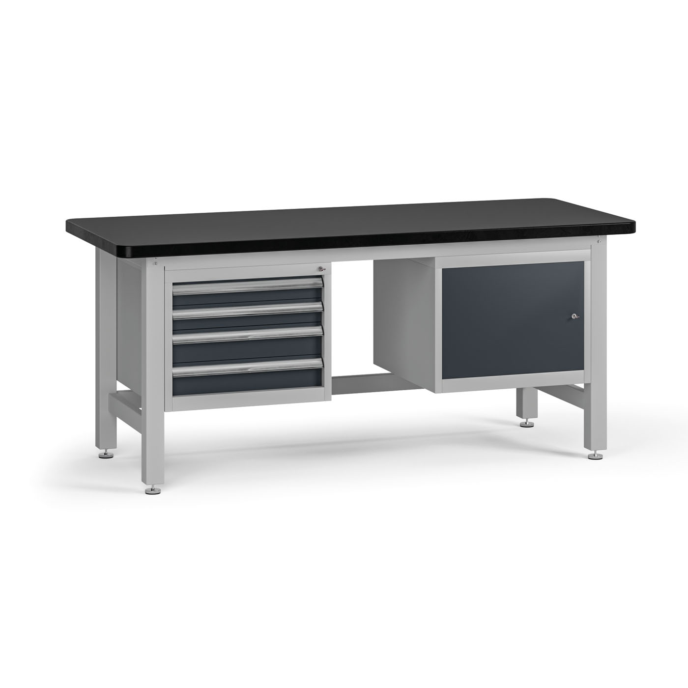 Fotografia produktu: Pracovný stôl do dielne G4 so závesným boxom a skrinkou na náradie, MDF + PVC doska, 4 zásuvky, 1 skrinka, 1800 x 750 x 800 mm, grafit