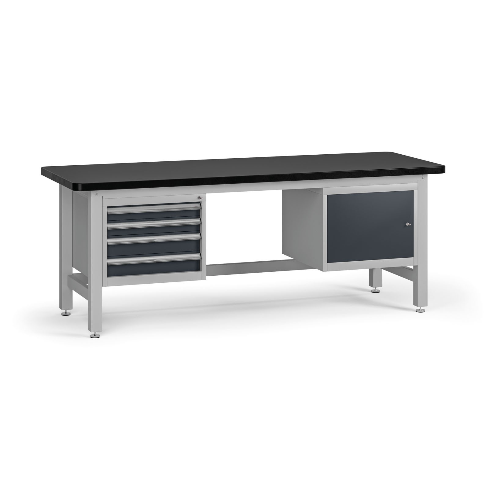Fotografia produktu: Pracovný stôl do dielne G4 so závesným boxom a skrinkou na náradie, MDF + PVC doska, 4 zásuvky, 1 skrinka, 2100 x 750 x 800 mm, grafit