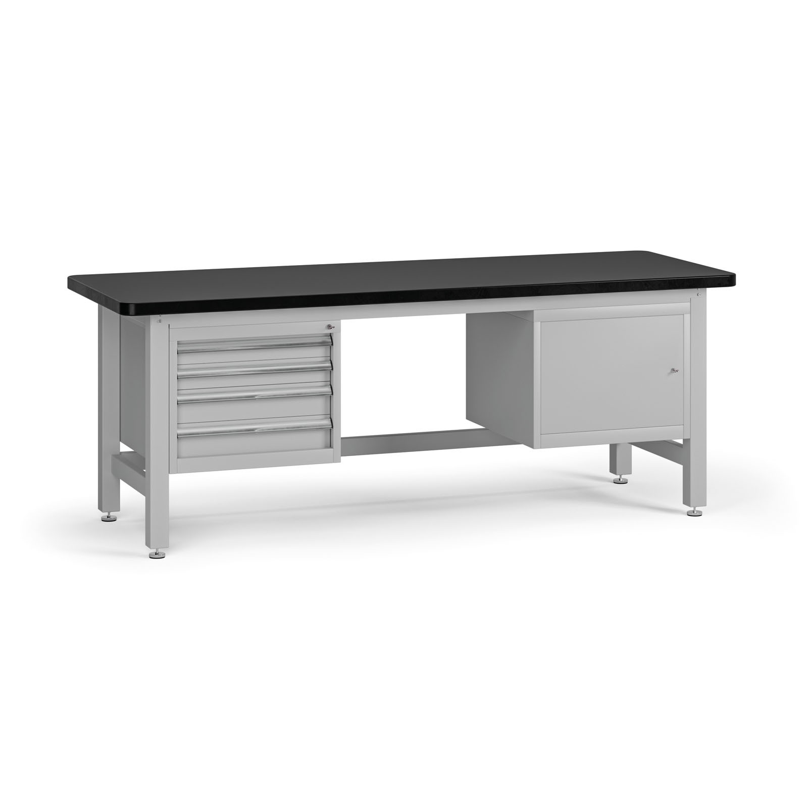 Fotografia produktu: Pracovný stôl do dielne G4 so závesným boxom a skrinkou na náradie, MDF + PVC doska, 4 zásuvky, 1 skrinka, 2100 x 750 x 800 mm, sivá