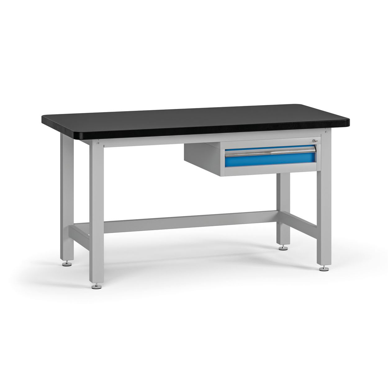 Fotografia produktu: Pracovný stôl do dielne G4 so závesným boxom na náradie, 1 zásuvka, MDF + PVC doska, 1500 x 750 x 800 mm, modrá