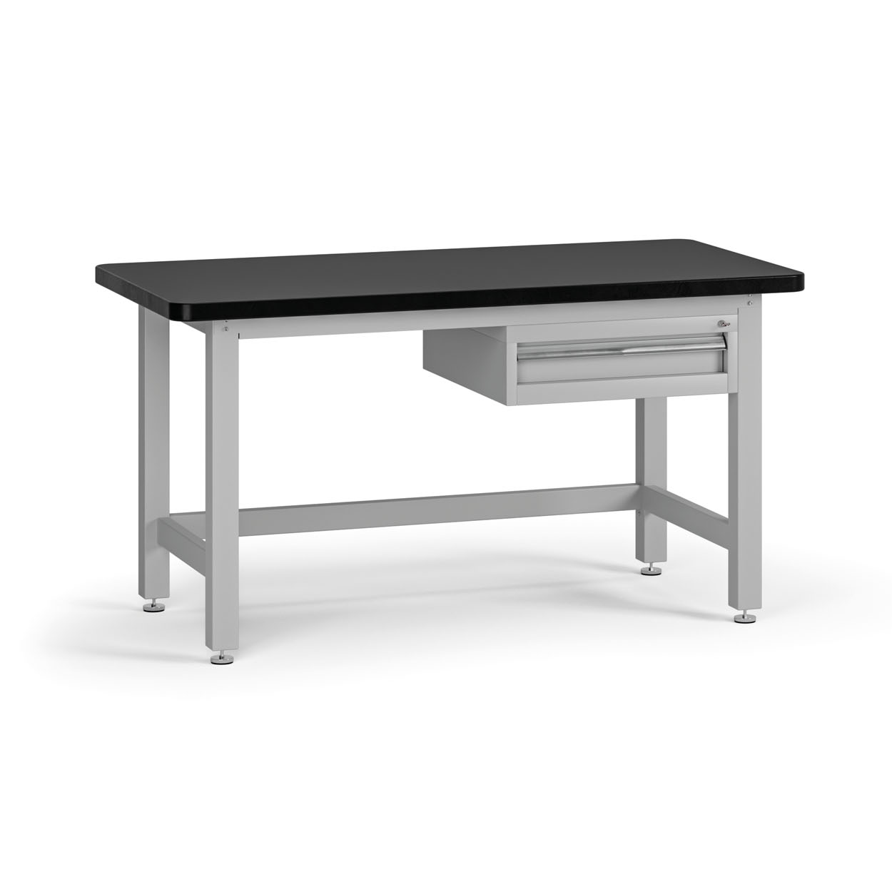 Fotografia produktu: Pracovný stôl do dielne G4 so závesným boxom na náradie, 1 zásuvka, MDF + PVC doska, 1500 x 750 x 800 mm, sivá