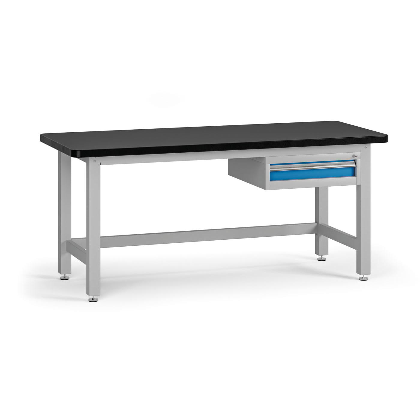 Fotografia produktu: Pracovný stôl do dielne G4 so závesným boxom na náradie, MDF + PVC doska, 1 zásuvka, 1800 x 750 x 800 mm, modrá