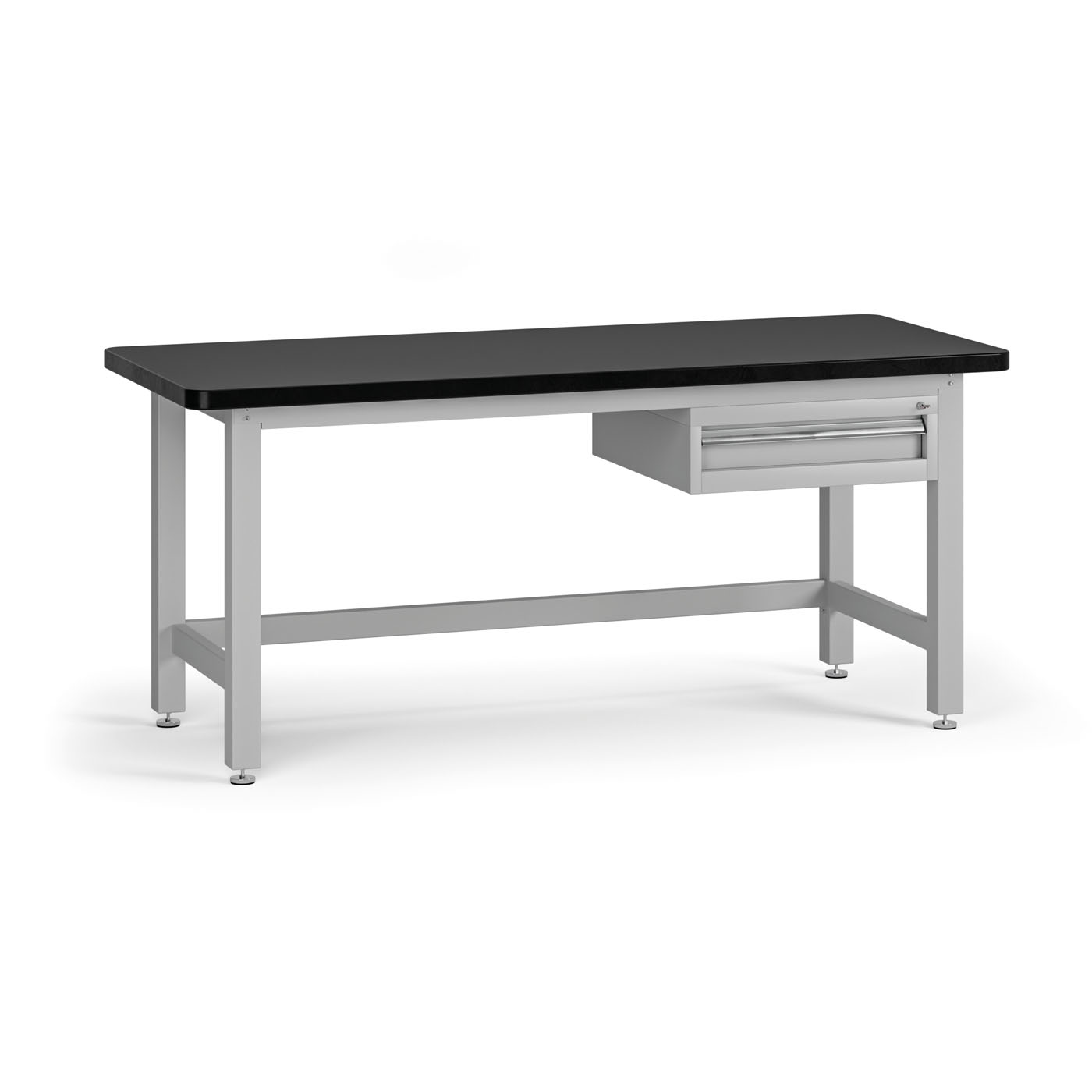 Fotografia produktu: Pracovný stôl do dielne G4 so závesným boxom na náradie, MDF + PVC doska, 1 zásuvka, 1800 x 750 x 800 mm, sivá