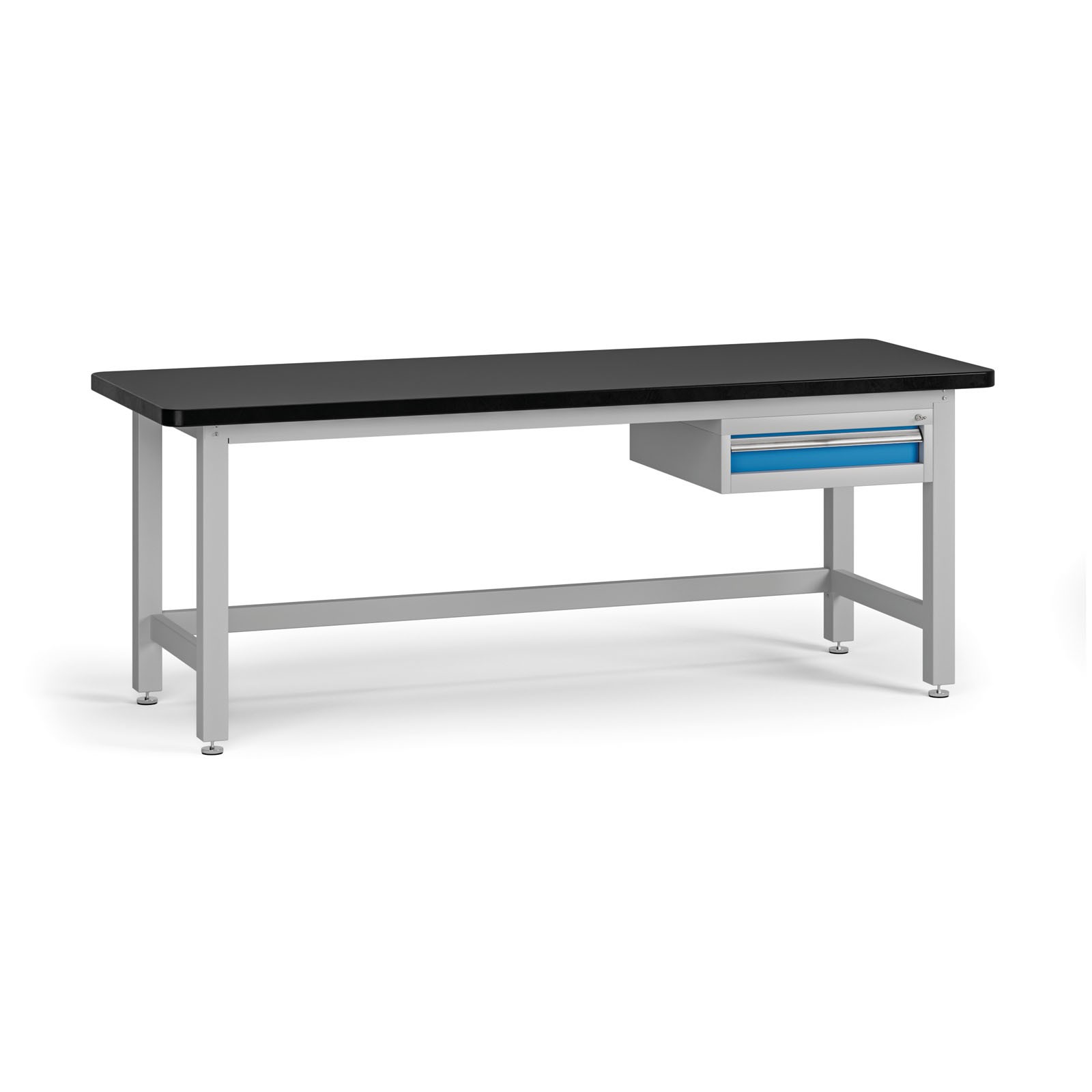 Fotografia produktu: Pracovný stôl do dielne G4 so závesným boxom na náradie, MDF + PVC doska, 1 zásuvka, 2100 x 750 x 800 mm, modrá