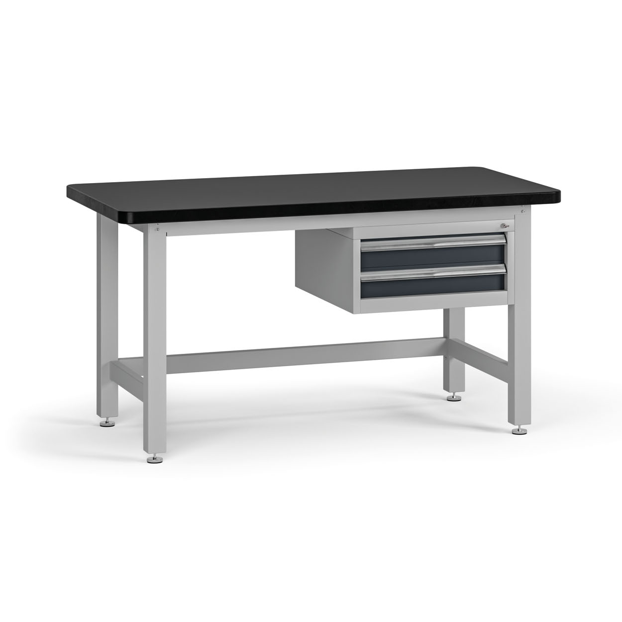 Fotografia produktu: Pracovný stôl do dielne G4 so závesným boxom na náradie, MDF + PVC doska, 2 zásuvky, 1500 x 750 x 800 mm, grafit