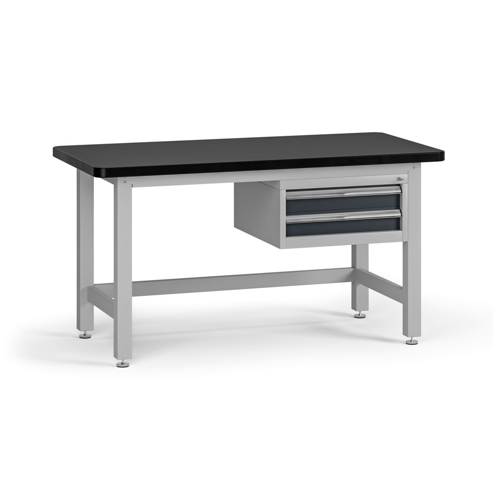 Pracovný stôl do dielne G4 so závesným boxom na náradie, MDF + PVC doska, 2 zásuvky, 1500 x 750 x 800 mm, grafit