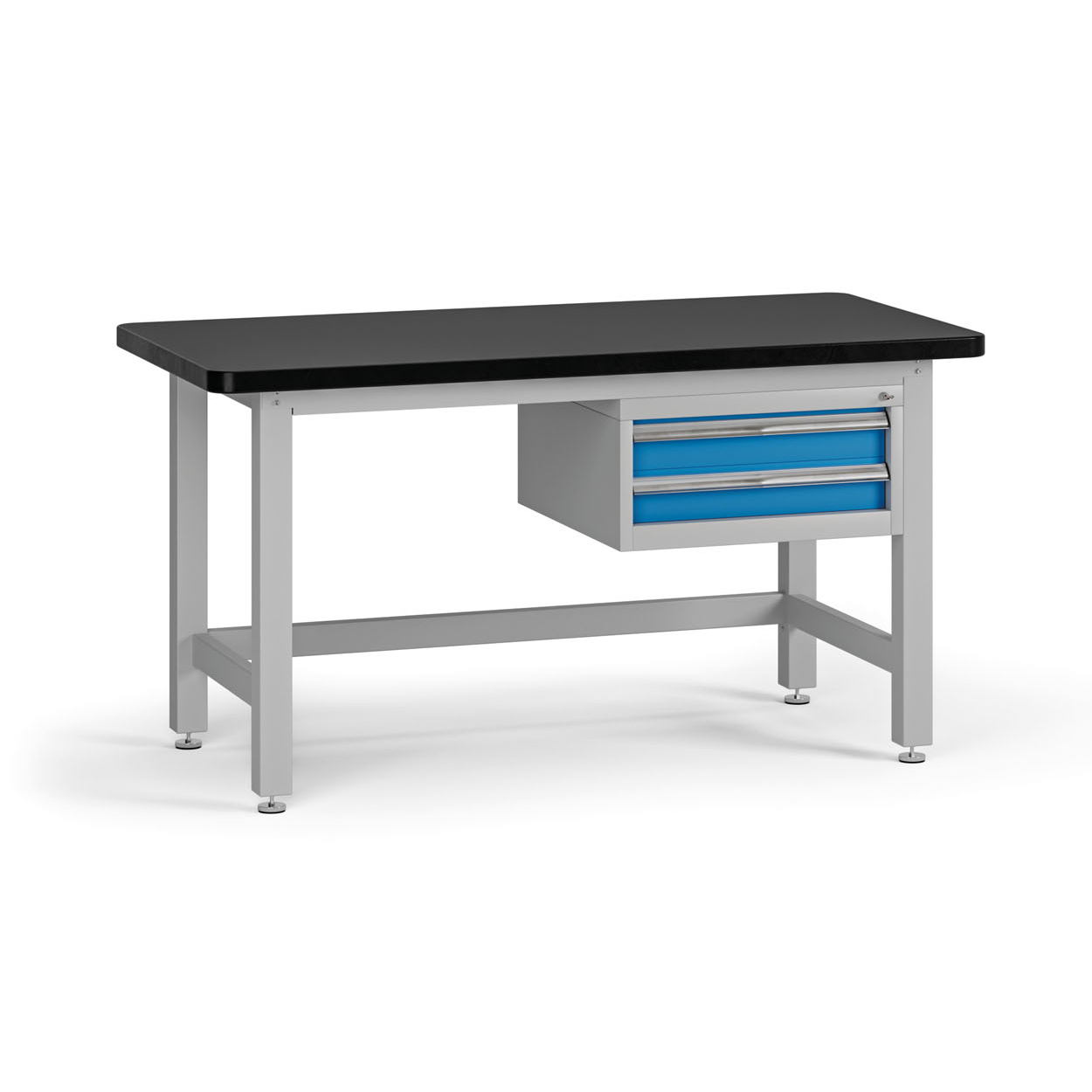 Fotografia produktu: Pracovný stôl do dielne G4 so závesným boxom na náradie, MDF + PVC doska, 2 zásuvky, 1500 x 750 x 800 mm, modrá