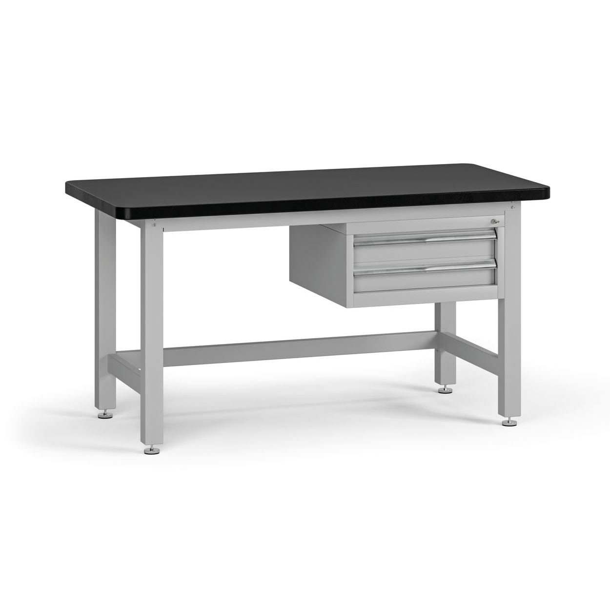 Fotografia produktu: Pracovný stôl do dielne G4 so závesným boxom na náradie, MDF + PVC doska, 2 zásuvky, 1500 x 750 x 800 mm, sivá
