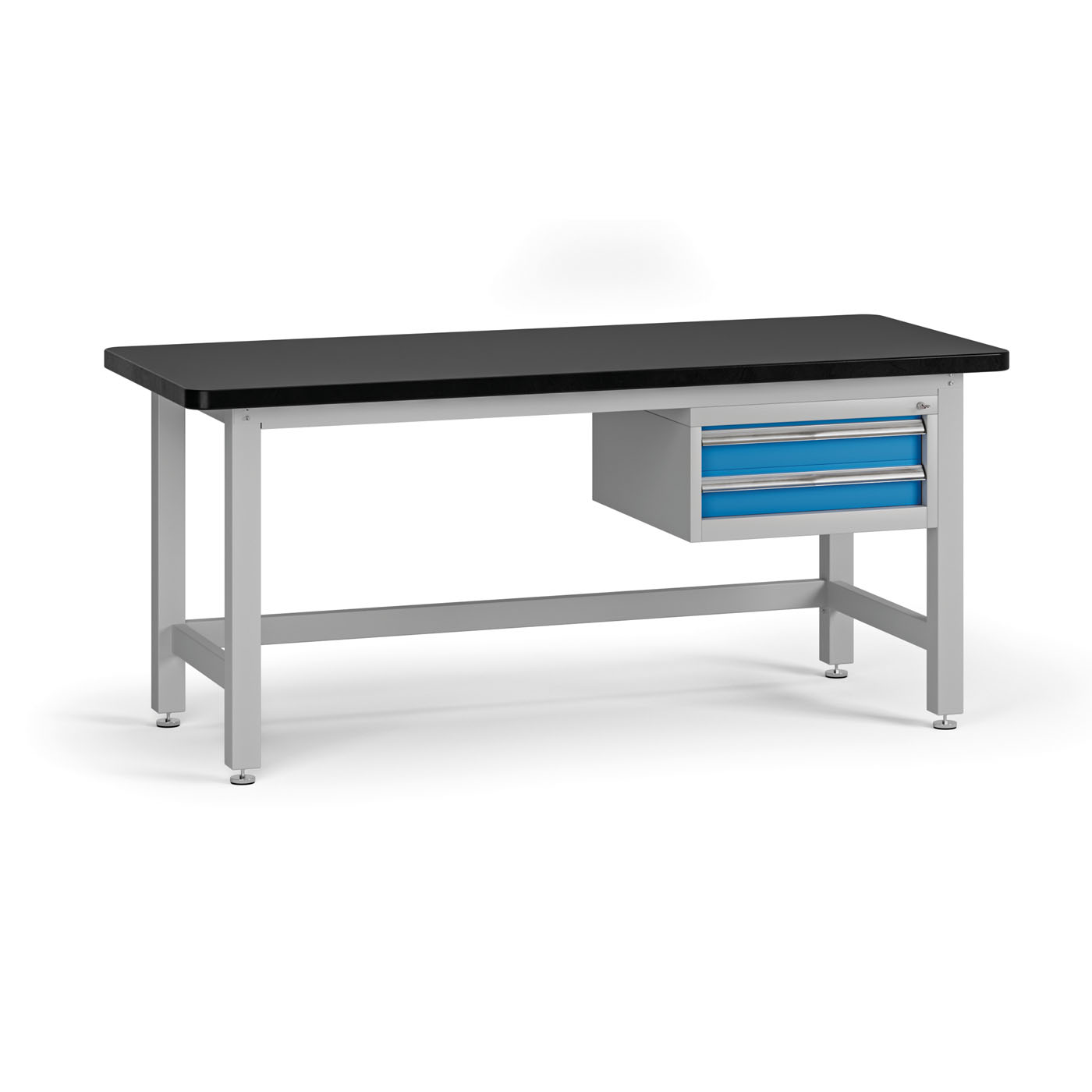Fotografia produktu: Pracovný stôl do dielne G4 so závesným boxom na náradie, MDF + PVC doska, 2 zásuvky, 1800 x 750 x 800 mm, modrá