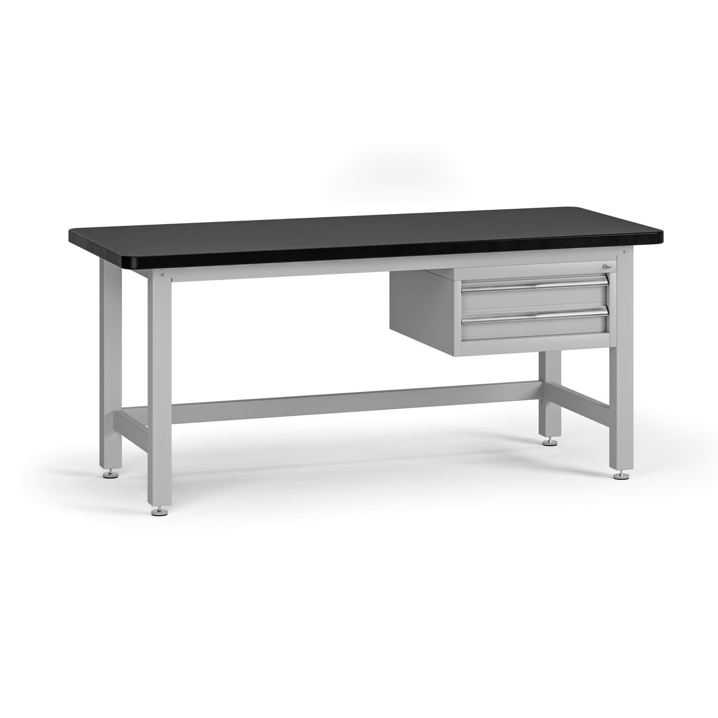 Fotografia produktu: Pracovný stôl do dielne G4 so závesným boxom na náradie, MDF + PVC doska, 2 zásuvky, 1800 x 750 x 800 mm, sivá