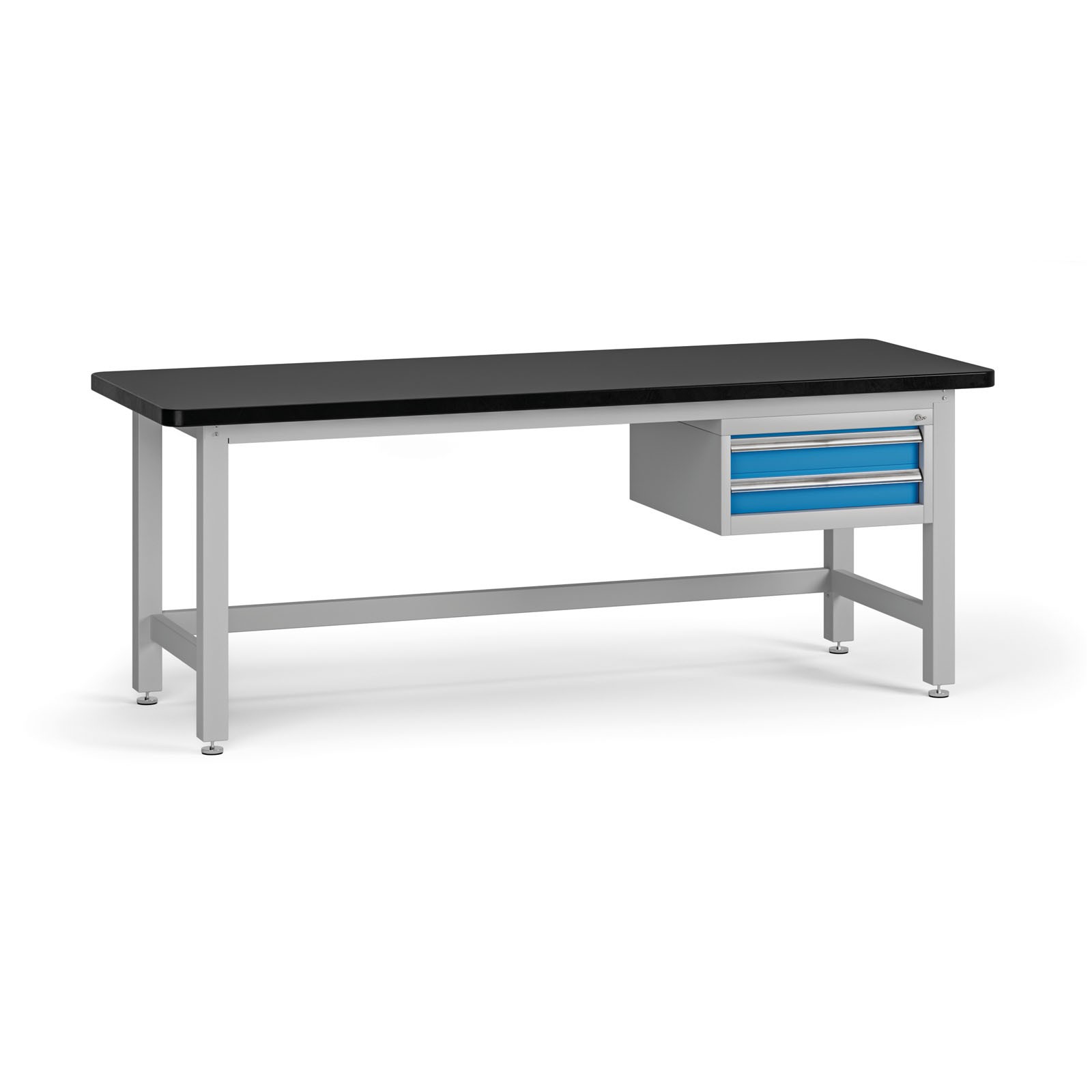 Fotografia produktu: Pracovný stôl do dielne G4 so závesným boxom na náradie, MDF + PVC doska, 2 zásuvky, 2100 x 750 x 800 mm, modrá