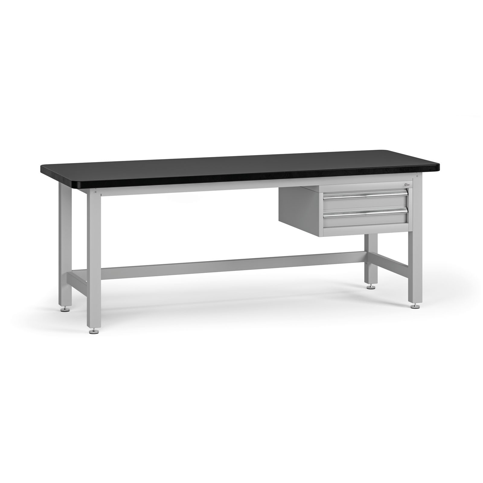 Fotografia produktu: Pracovný stôl do dielne G4 so závesným boxom na náradie, MDF + PVC doska, 2 zásuvky, 2100 x 750 x 800 mm, sivá