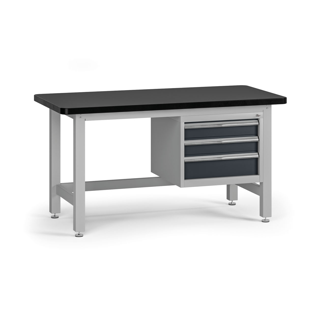 Fotografia produktu: Pracovný stôl do dielne G4 so závesným boxom na náradie, MDF + PVC doska, 3 zásuvky, 1500 x 750 x 800 mm, grafit