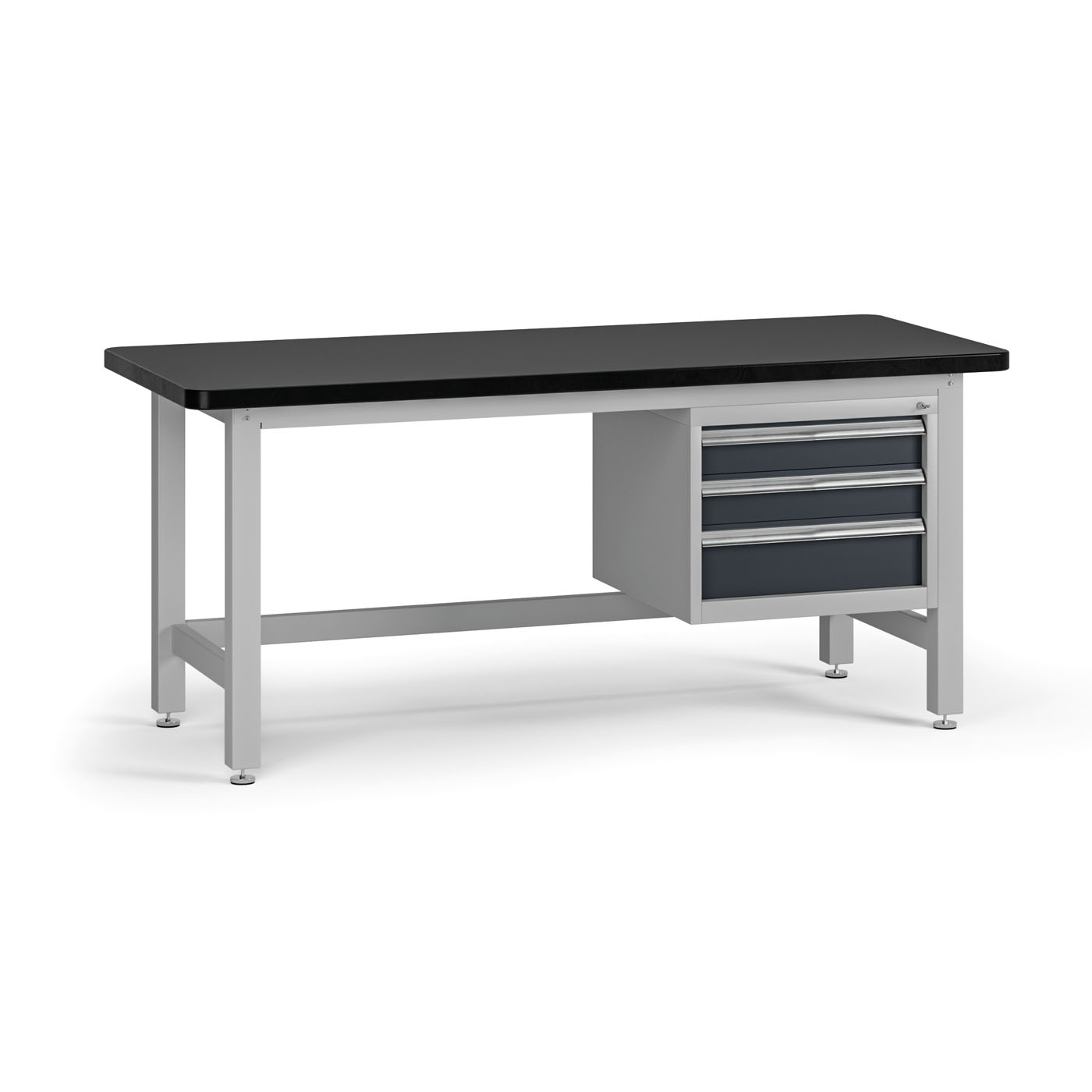Fotografia produktu: Pracovný stôl do dielne G4 so závesným boxom na náradie, MDF + PVC doska, 3 zásuvky, 1800 x 750 x 800 mm, grafit