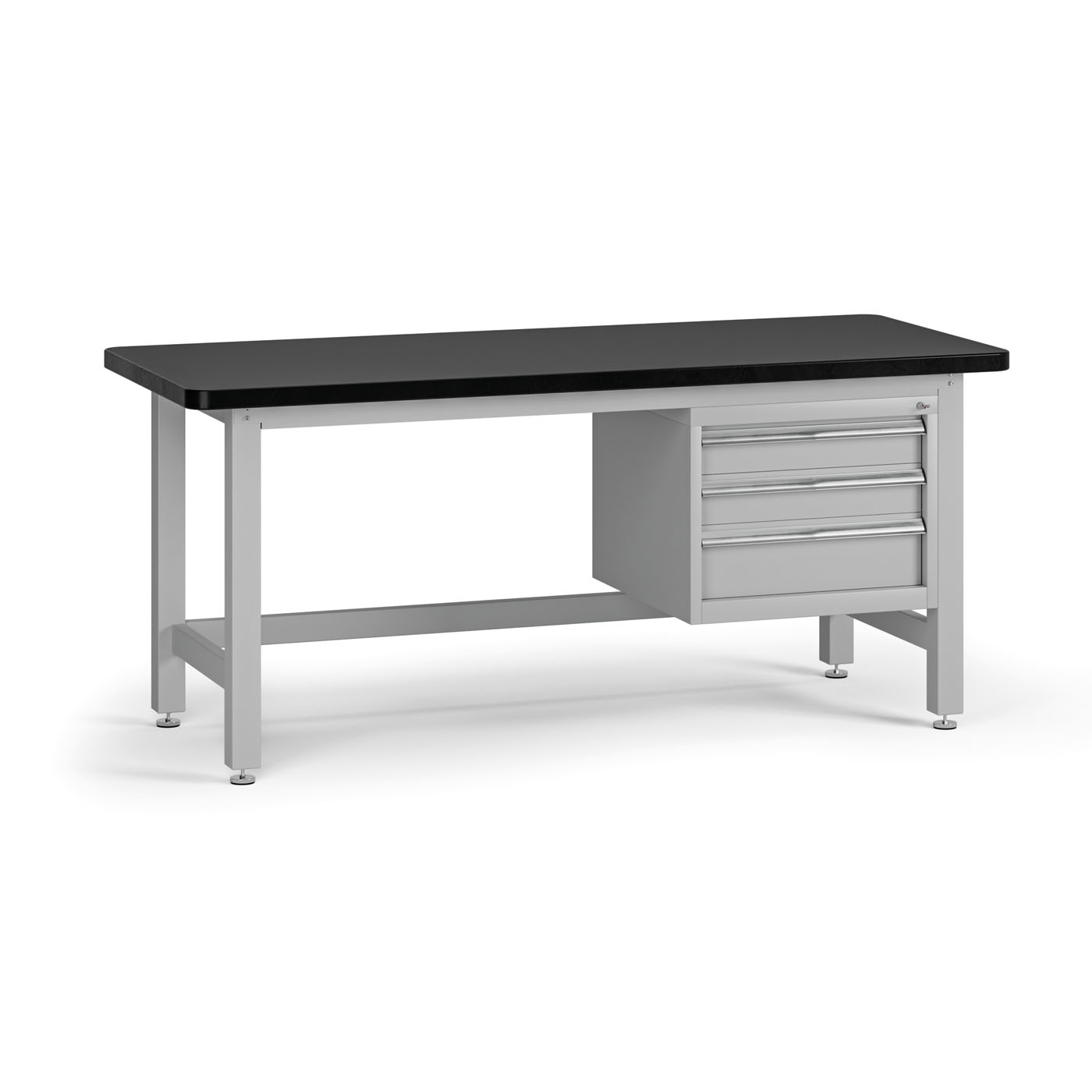 Fotografia produktu: Pracovný stôl do dielne G4 so závesným boxom na náradie, MDF + PVC doska, 3 zásuvky, 1800 x 750 x 800 mm, sivá