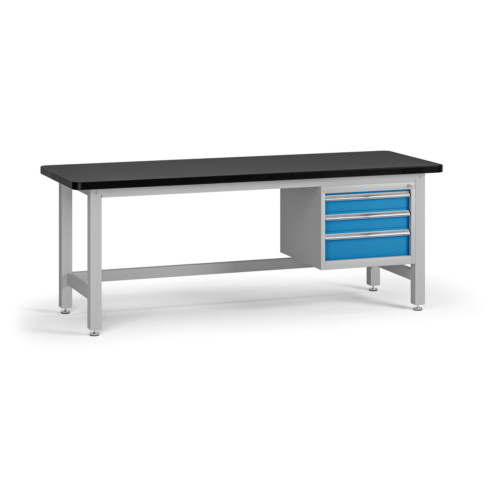 Fotografia produktu: Pracovný stôl do dielne G4 so závesným boxom na náradie, MDF + PVC doska, 3 zásuvky, 2100 x 750 x 800 mm, modrá