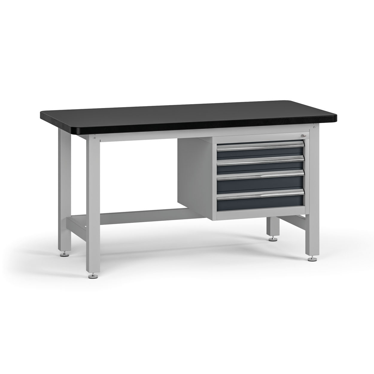 Fotografia produktu: Pracovný stôl do dielne G4 so závesným boxom na náradie, MDF + PVC doska, 4 zásuvky, 1500 x 750 x 800 mm, grafit